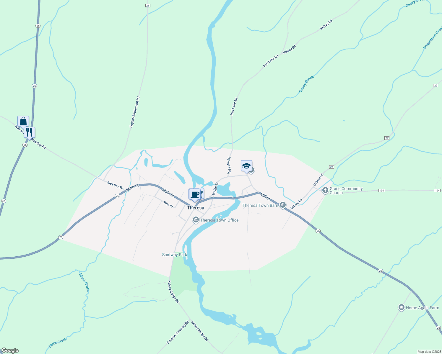 map of restaurants, bars, coffee shops, grocery stores, and more near 109 Bridge St in Theresa