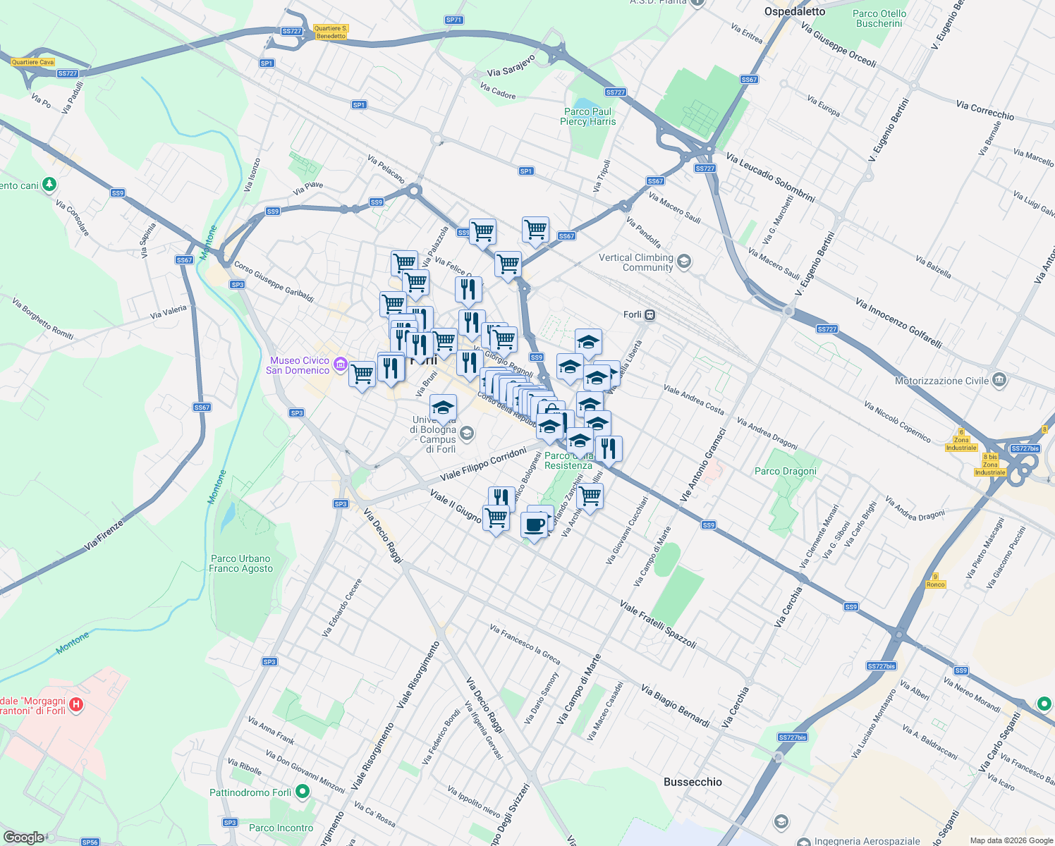 map of restaurants, bars, coffee shops, grocery stores, and more near 32 Via di Porta Cotogni in Forli