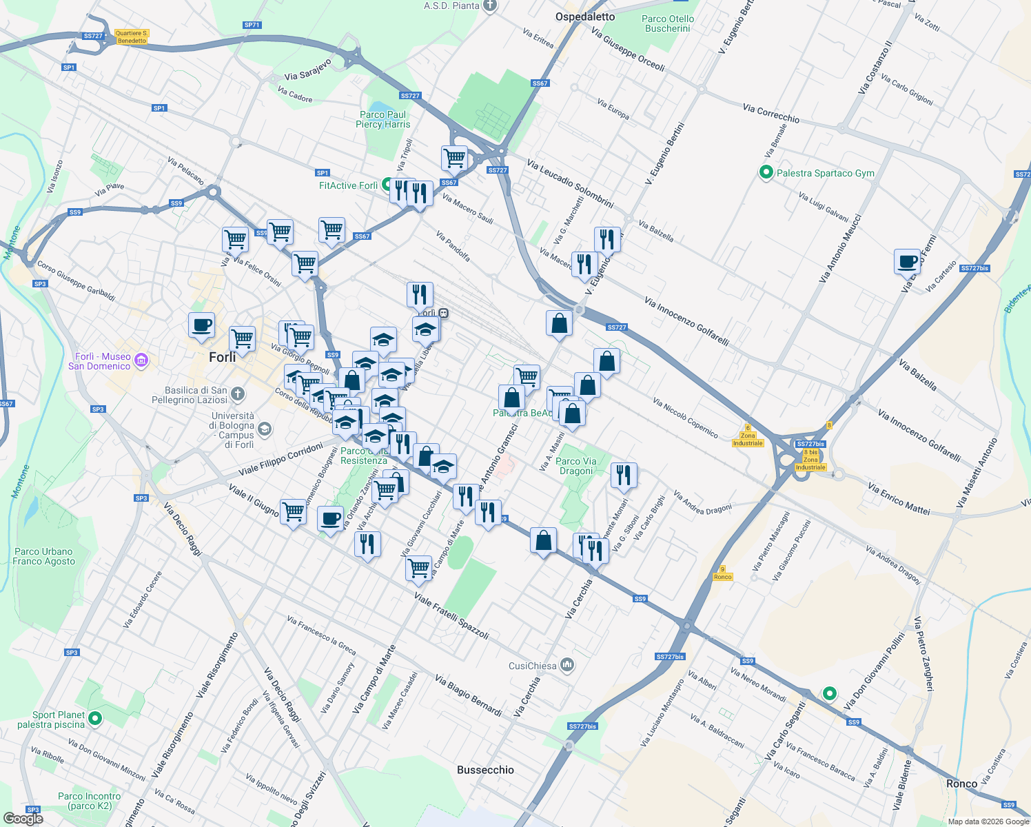 map of restaurants, bars, coffee shops, grocery stores, and more near in Forlì