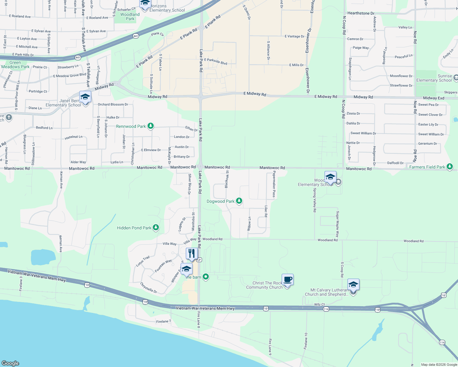 map of restaurants, bars, coffee shops, grocery stores, and more near N9052 Blackoak Street in Menasha