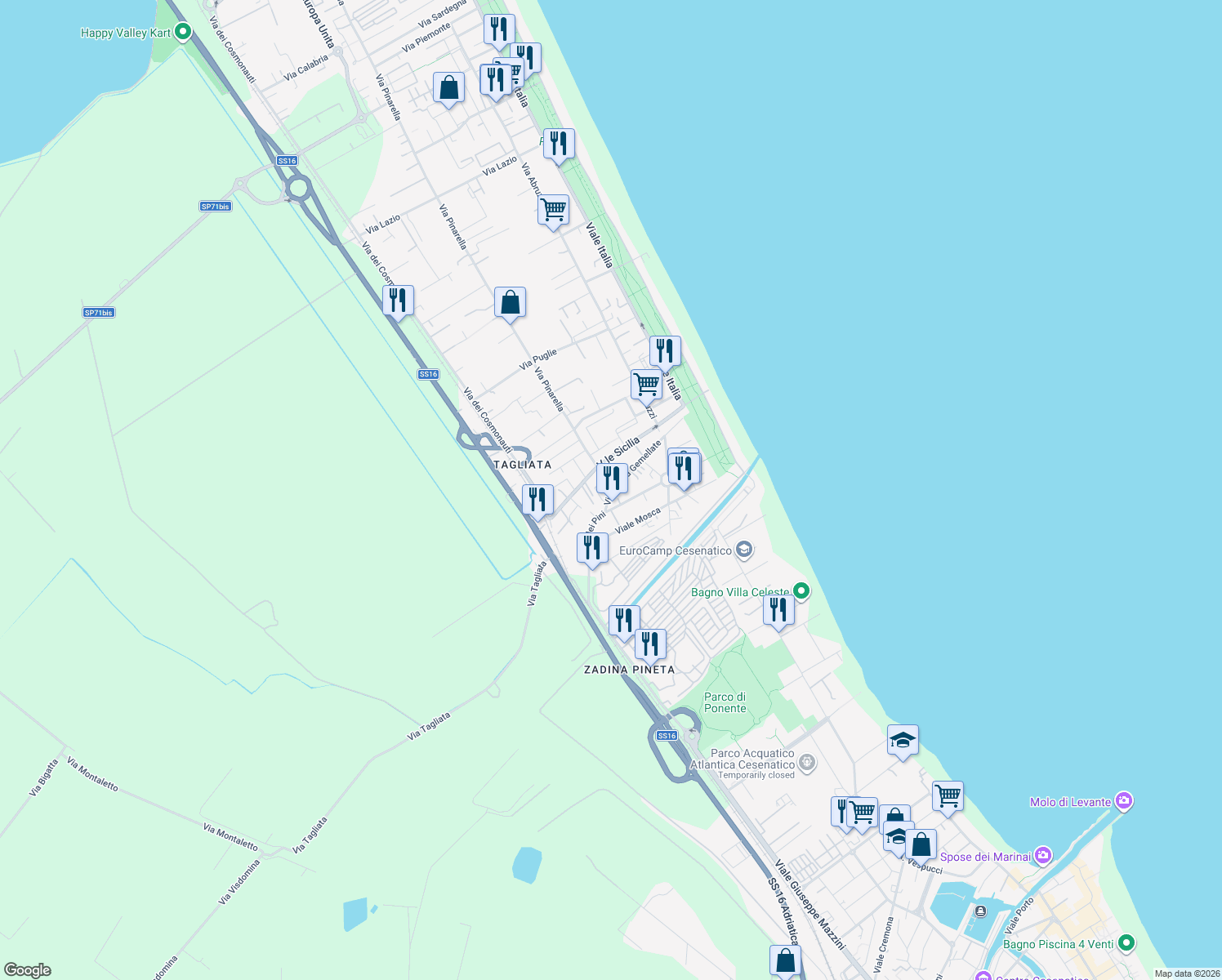 map of restaurants, bars, coffee shops, grocery stores, and more near 3841 Via Pinarella in Cervia