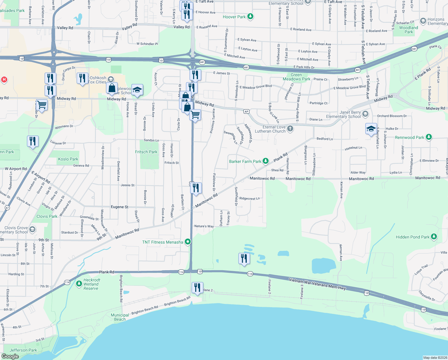 map of restaurants, bars, coffee shops, grocery stores, and more near 1166 Northfield Court in Menasha