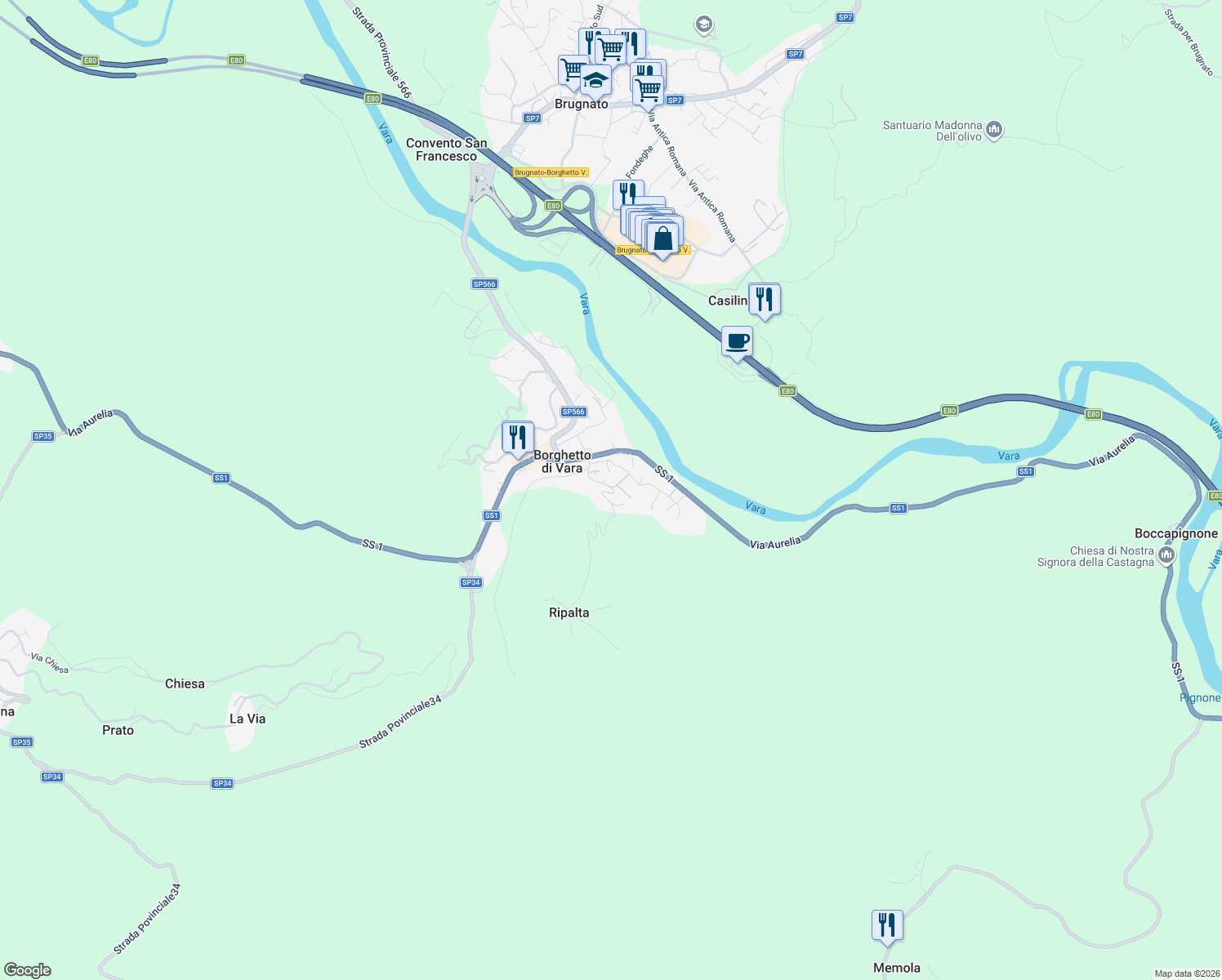 map of restaurants, bars, coffee shops, grocery stores, and more near 29 Via Ripalta in Borghetto di Vara