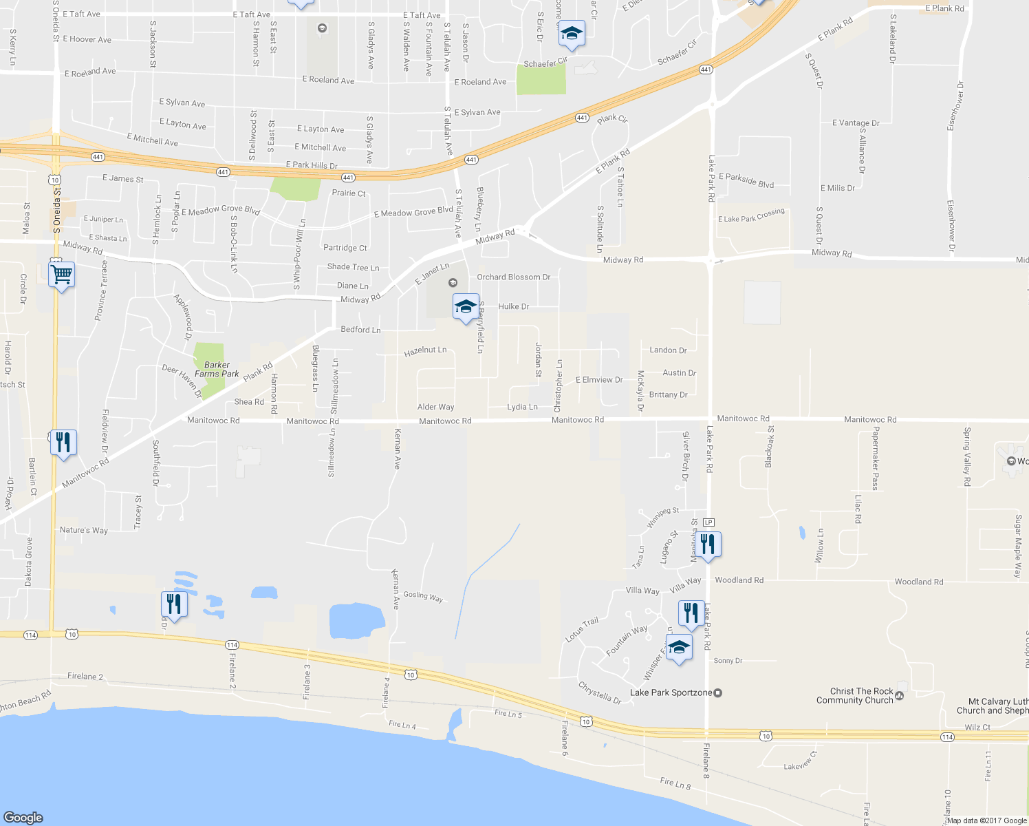 map of restaurants, bars, coffee shops, grocery stores, and more near W6741 Lydia Lane in Appleton