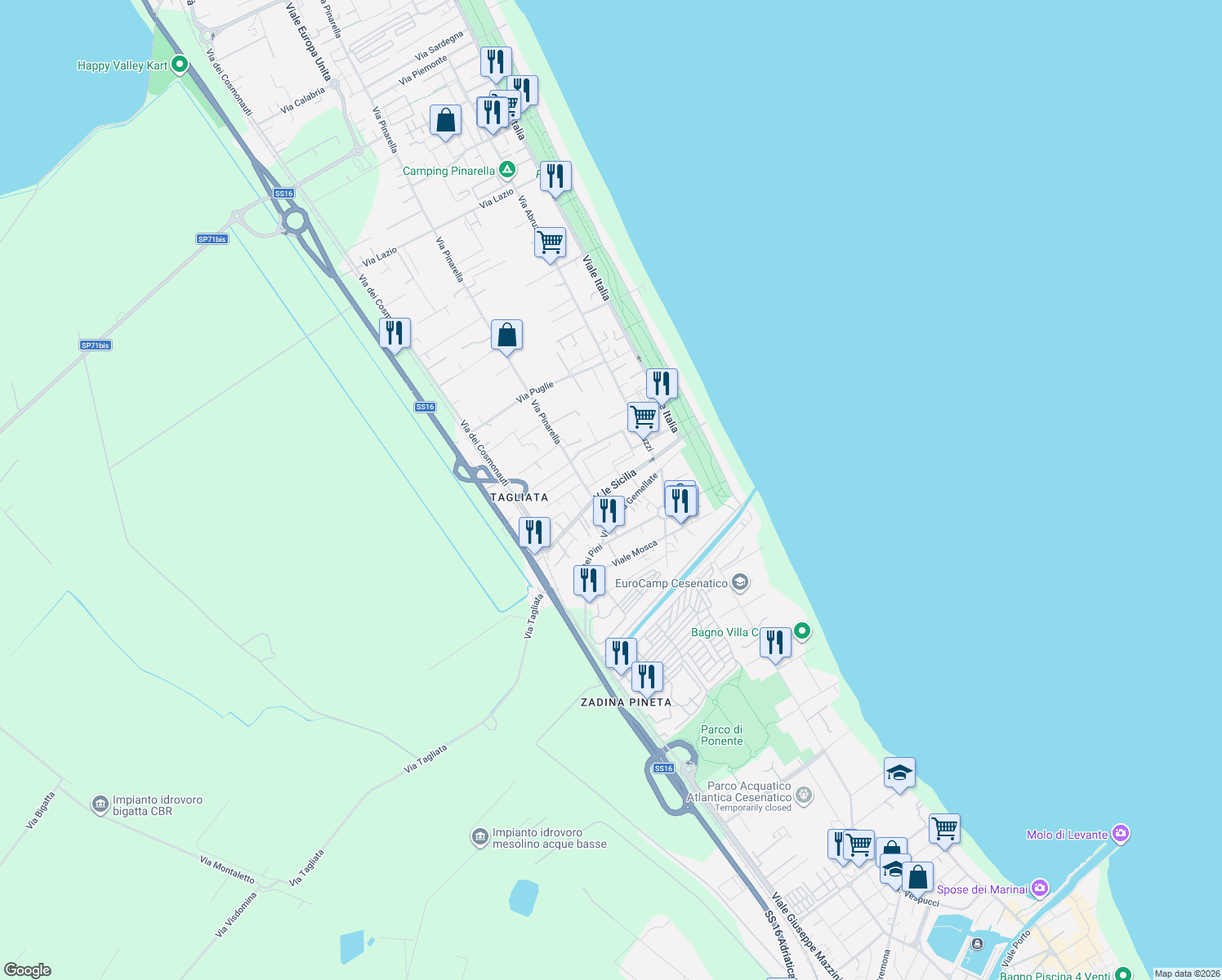 map of restaurants, bars, coffee shops, grocery stores, and more near Via Pinarella in Cervia