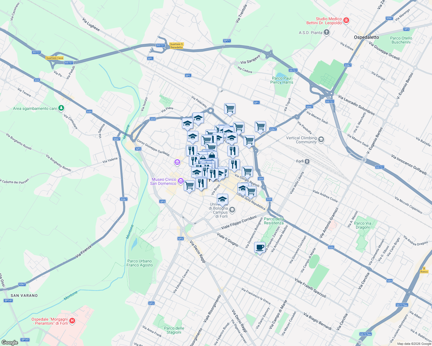 map of restaurants, bars, coffee shops, grocery stores, and more near 13 Piazza Aurelio Saffi in Forlì