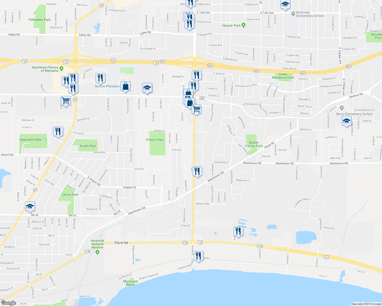 map of restaurants, bars, coffee shops, grocery stores, and more near 1226 Oneida Street in Menasha