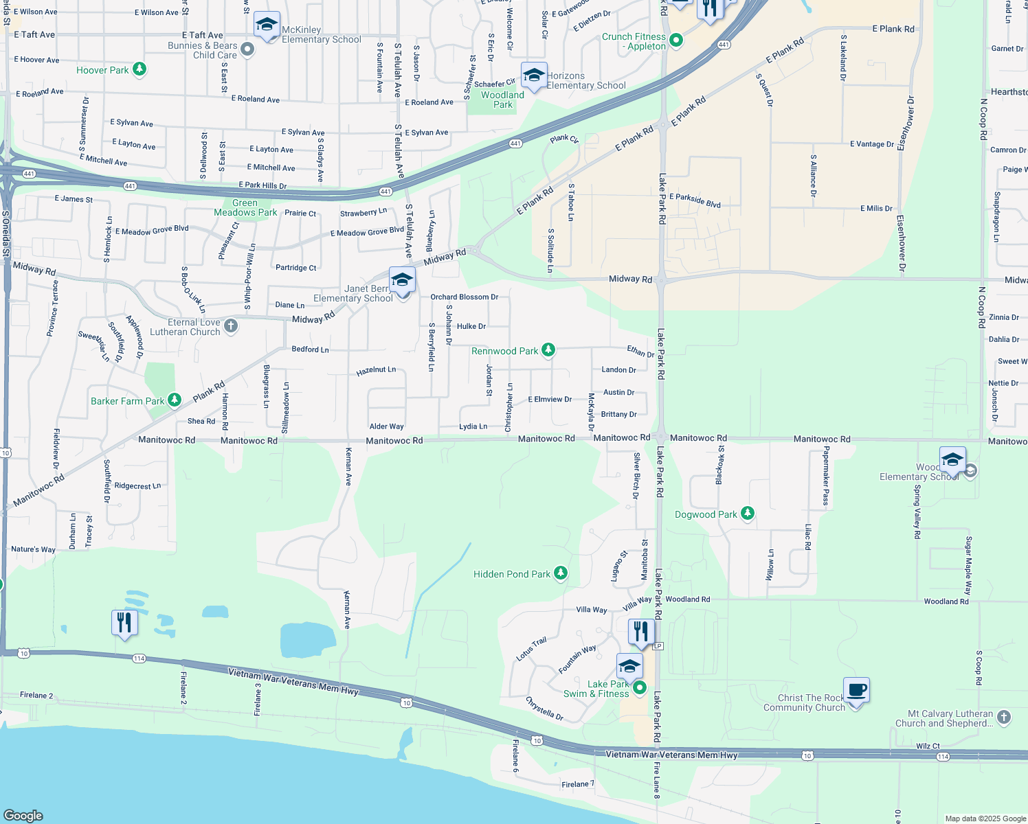 map of restaurants, bars, coffee shops, grocery stores, and more near N9134 Christopher Lane in Appleton
