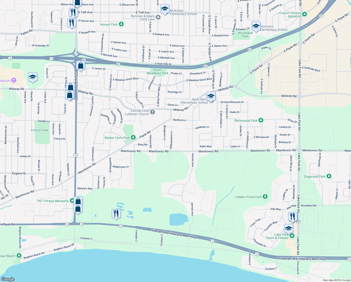 map of restaurants, bars, coffee shops, grocery stores, and more near 2412 Red Fescue Court in Appleton