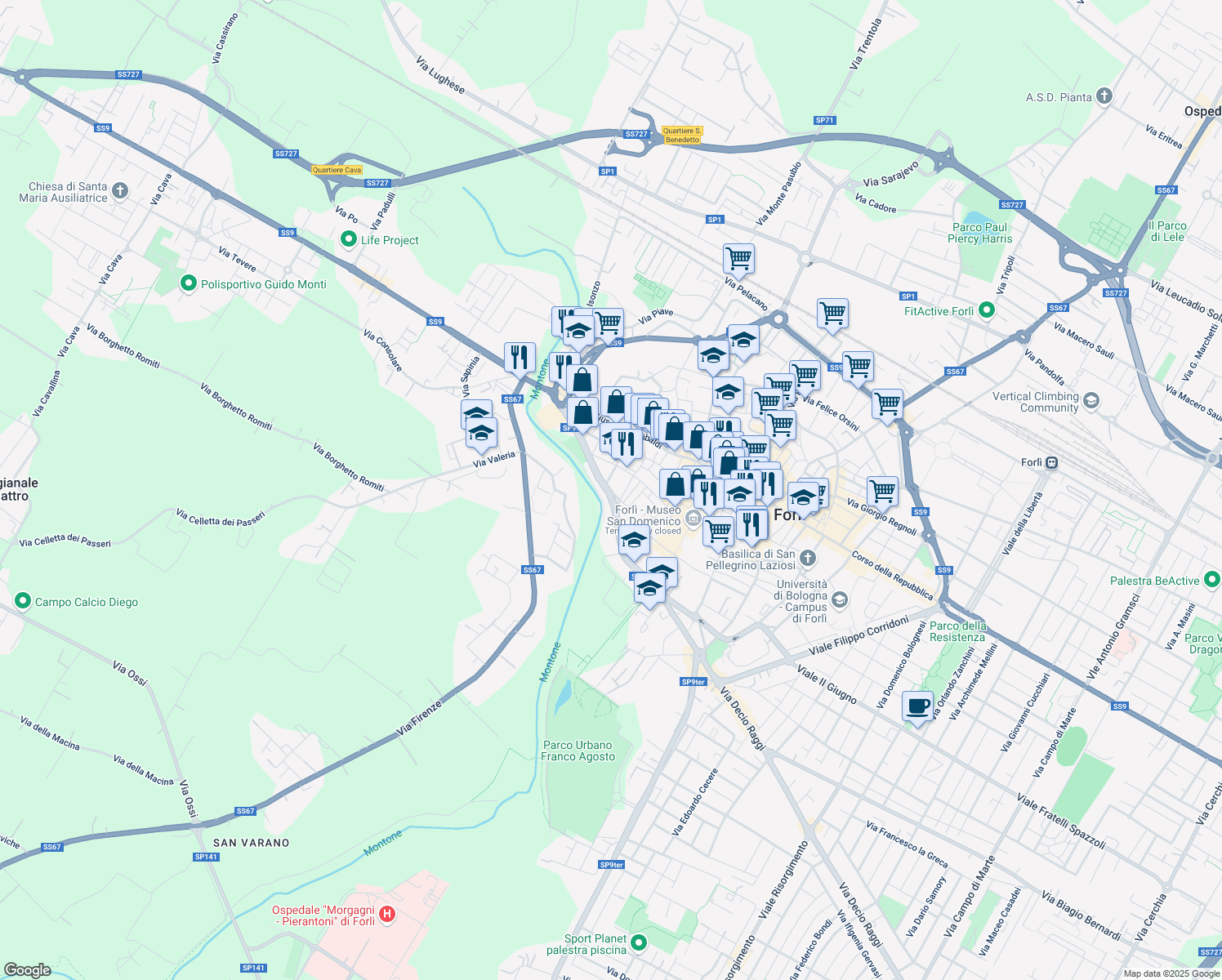 map of restaurants, bars, coffee shops, grocery stores, and more near 48 Viale Salinatore in Forli