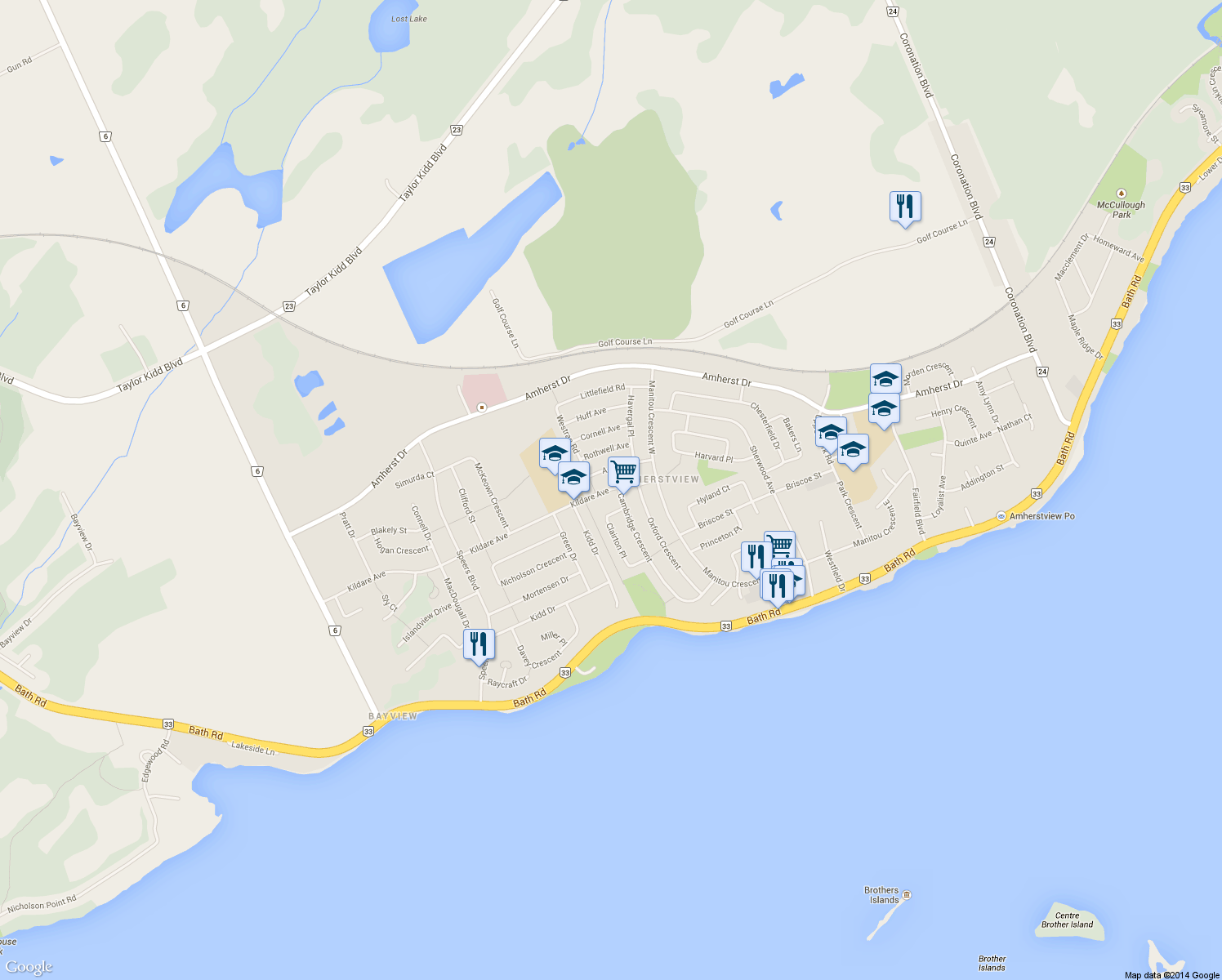 map of restaurants, bars, coffee shops, grocery stores, and more near 38 Kildare Avenue in Lennox and Addington County