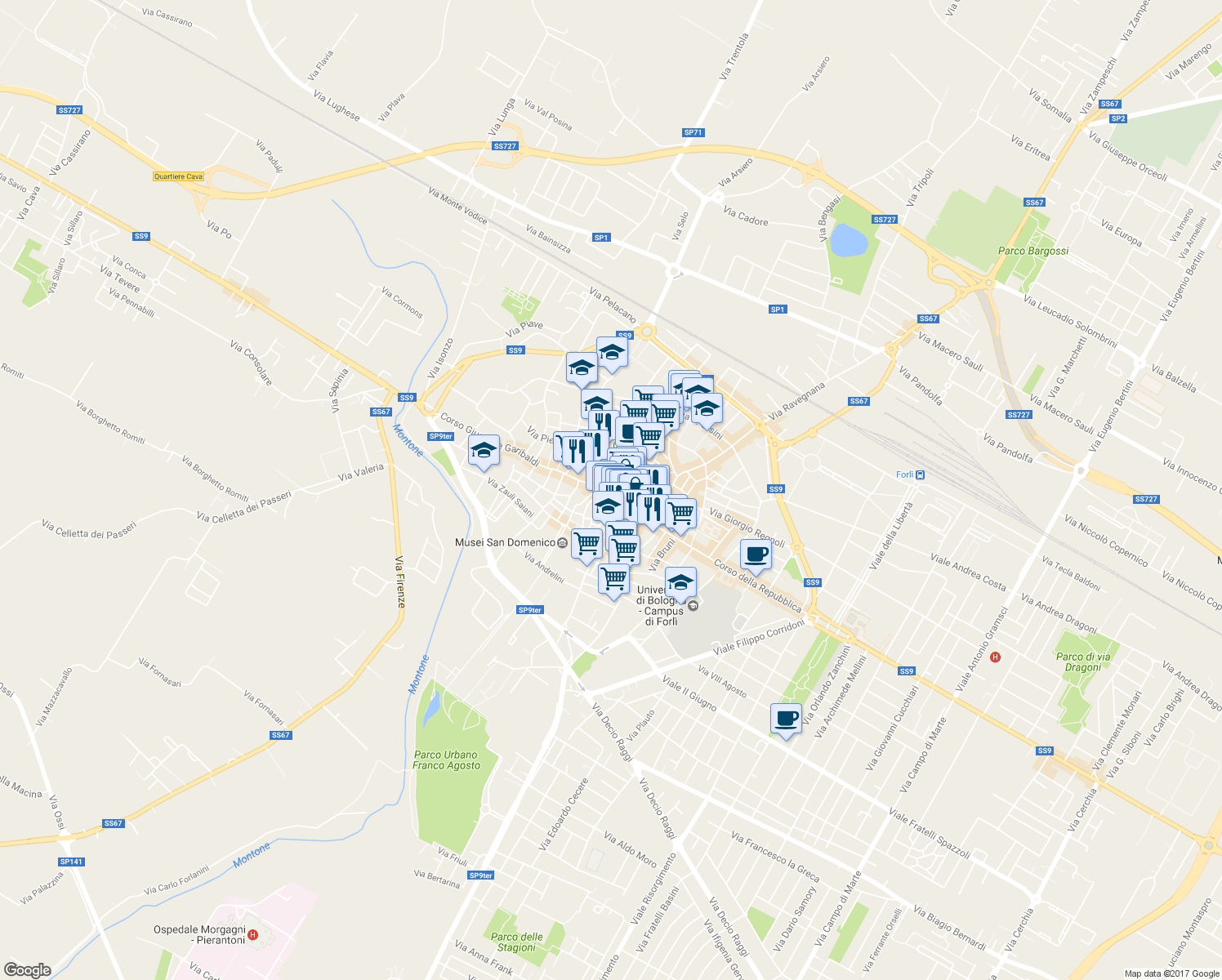 map of restaurants, bars, coffee shops, grocery stores, and more near 3 Via Francesco Domenico Guerrazzi in Forli