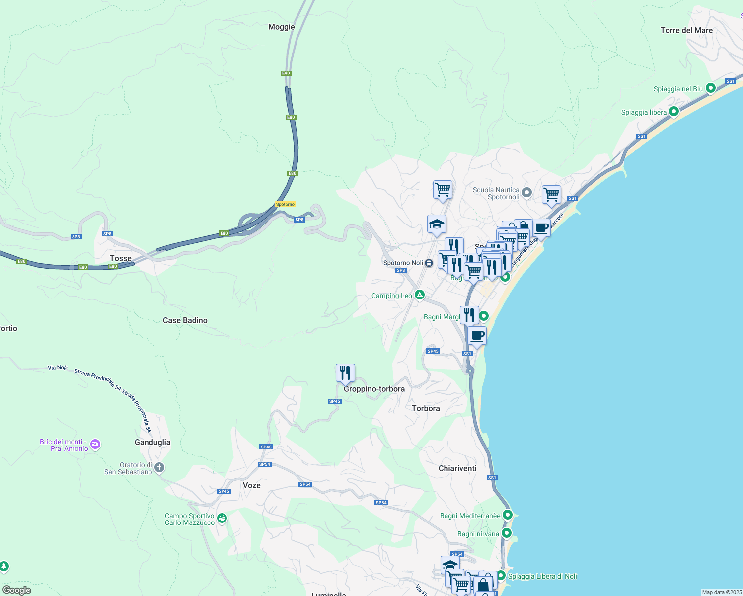 map of restaurants, bars, coffee shops, grocery stores, and more near 46 Via Coreallo in Spotorno