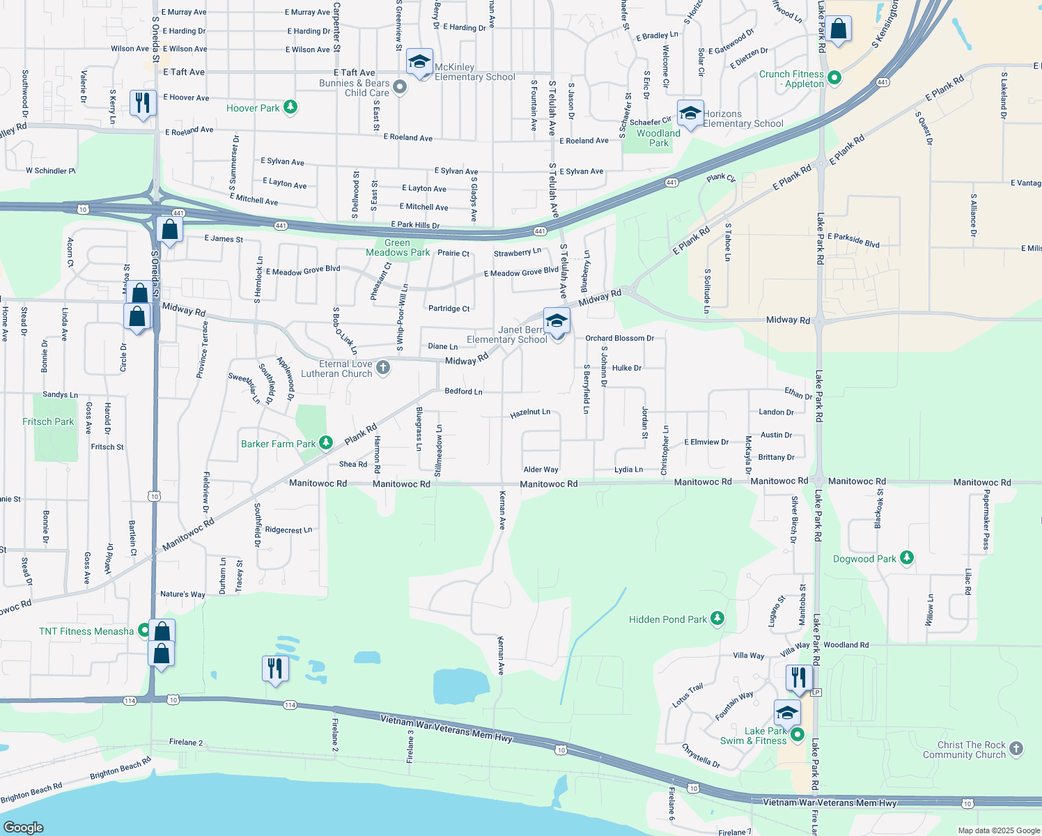 map of restaurants, bars, coffee shops, grocery stores, and more near W6865 Hazelnut Lane in Appleton