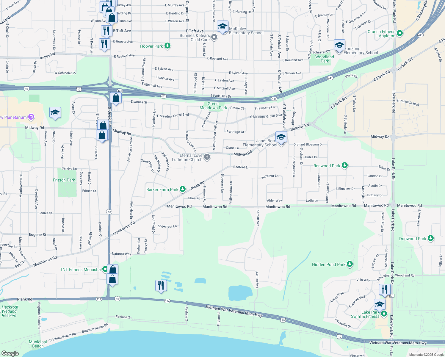 map of restaurants, bars, coffee shops, grocery stores, and more near 1255 Bluegrass Lane in Menasha