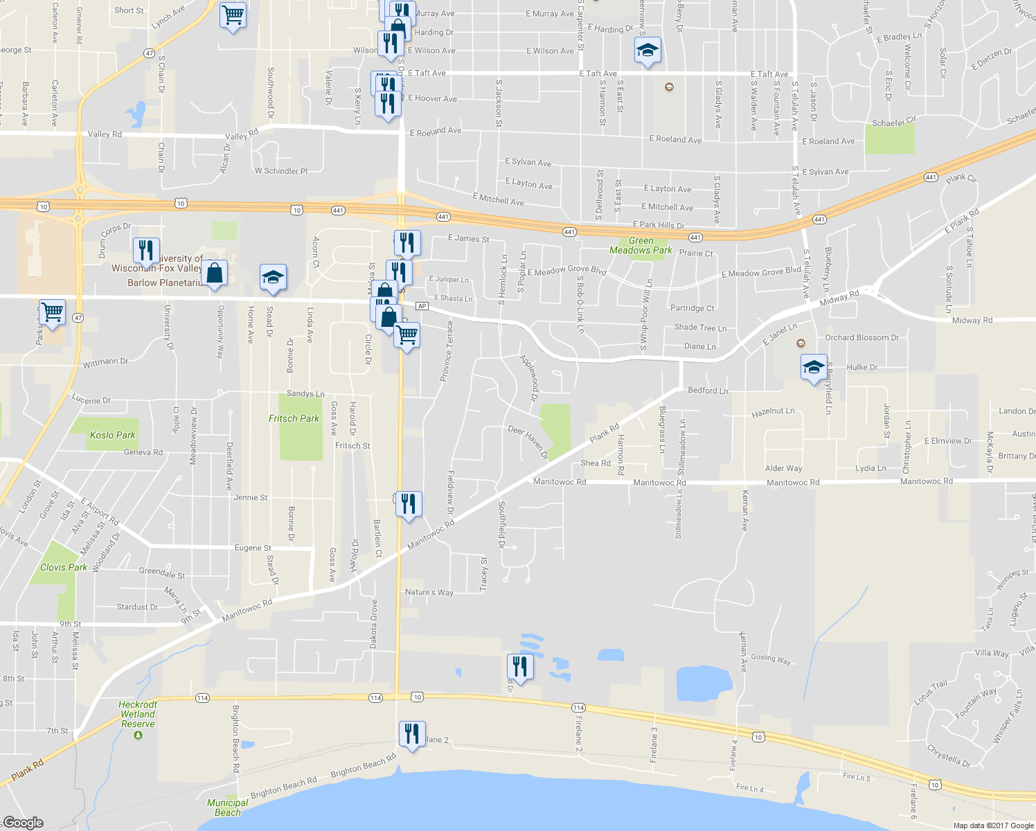 map of restaurants, bars, coffee shops, grocery stores, and more near 2109 Sweetbriar Lane in Menasha
