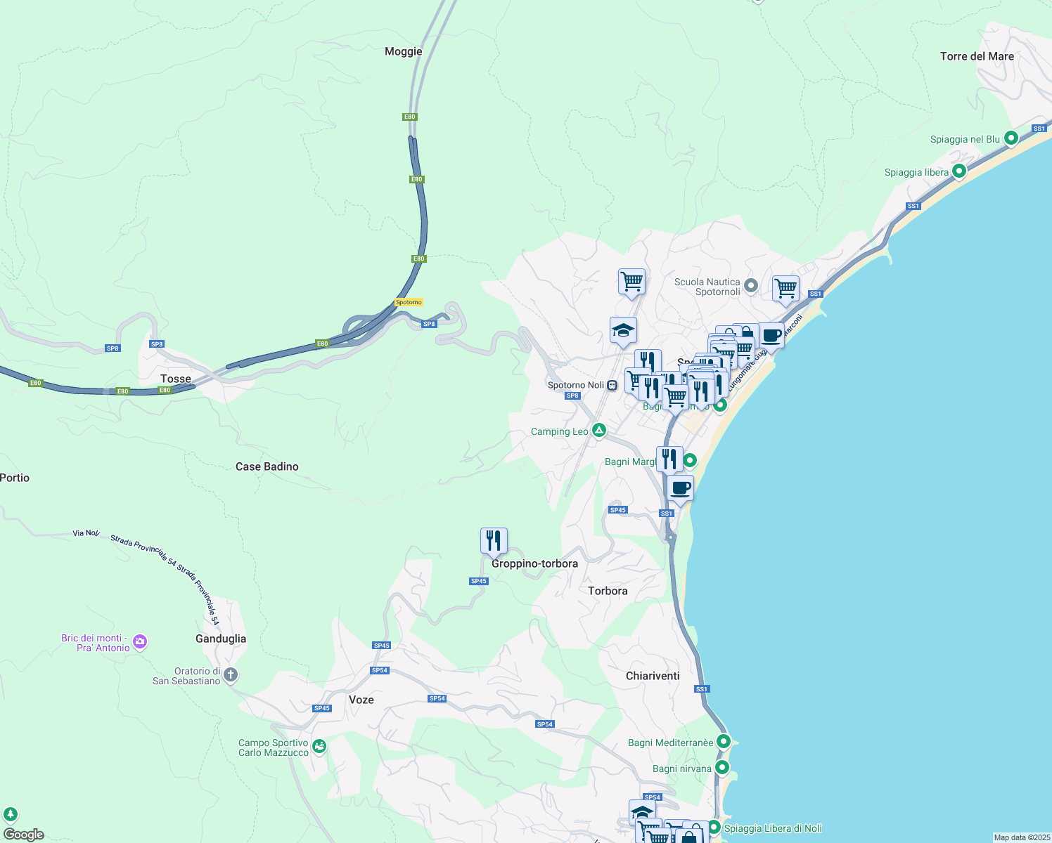 map of restaurants, bars, coffee shops, grocery stores, and more near 46 Via Coreallo in Spotorno