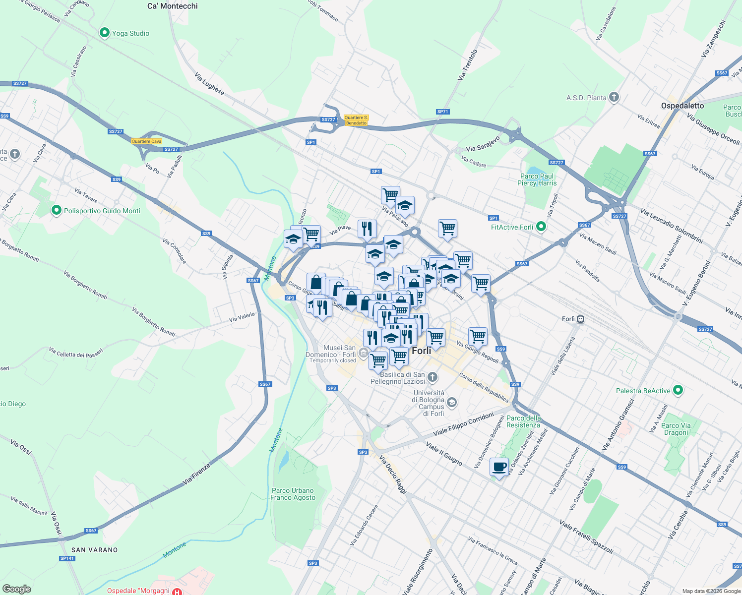 map of restaurants, bars, coffee shops, grocery stores, and more near 12 Via Cesare Maioli in Forli