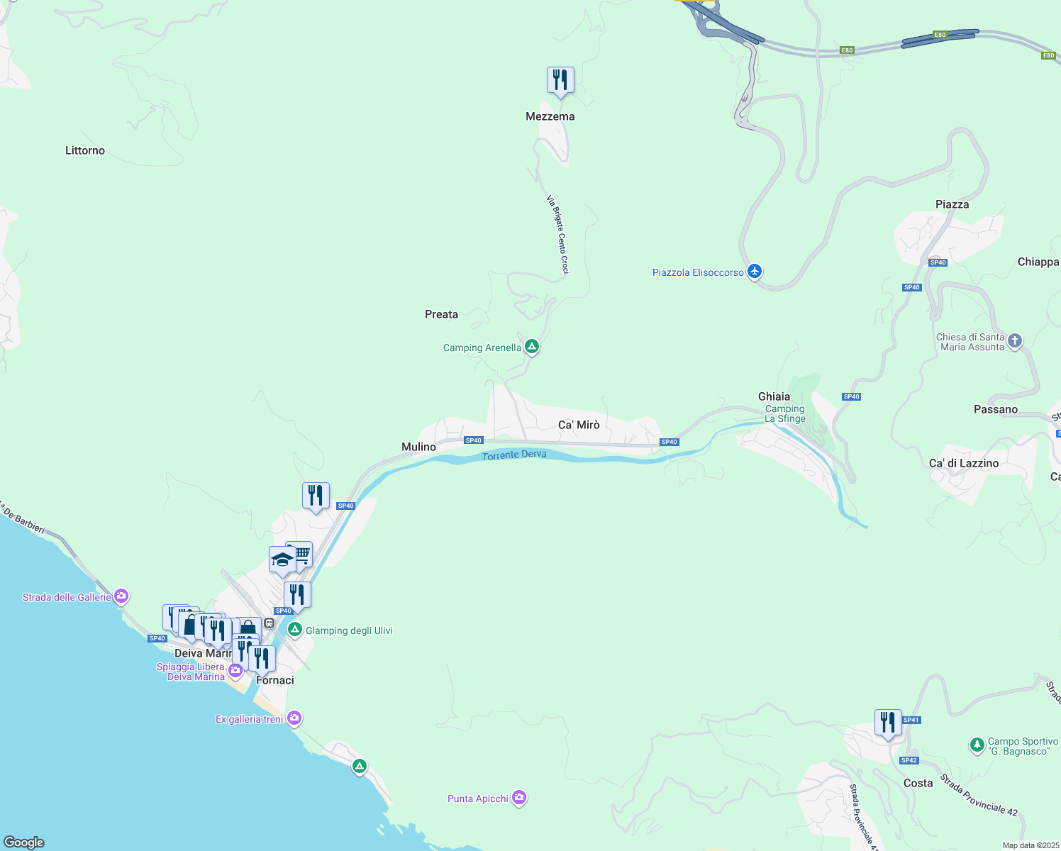 map of restaurants, bars, coffee shops, grocery stores, and more near 13 Via Battaglione Italo Zinara in Ca' Mirò