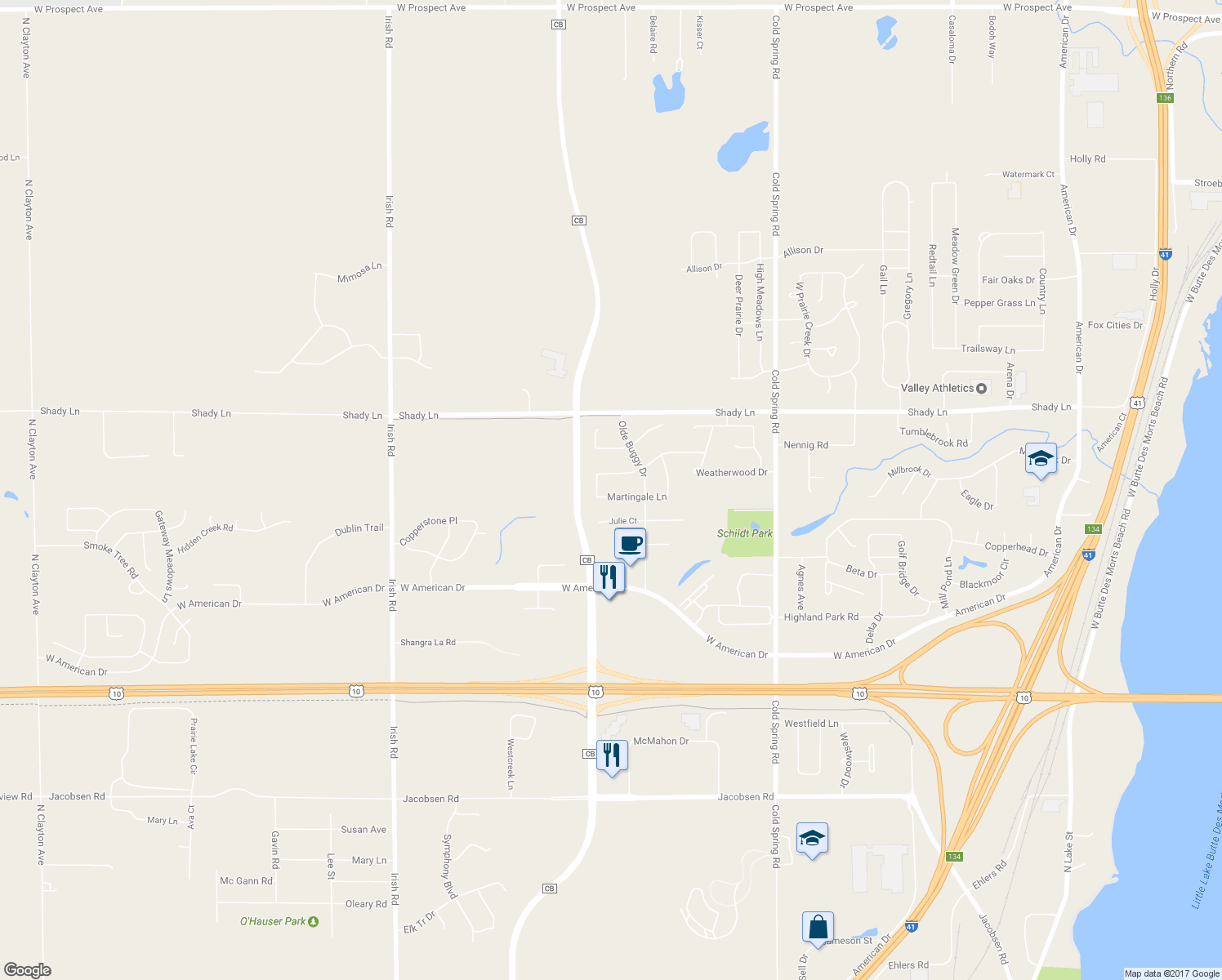 map of restaurants, bars, coffee shops, grocery stores, and more near 1386 Martingale Lane in Neenah