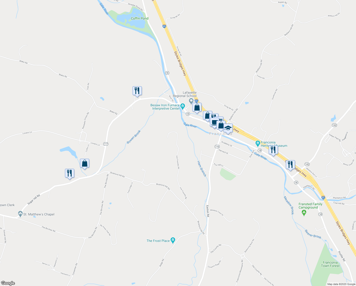 map of restaurants, bars, coffee shops, grocery stores, and more near 362 Iron Foundry Road in Franconia