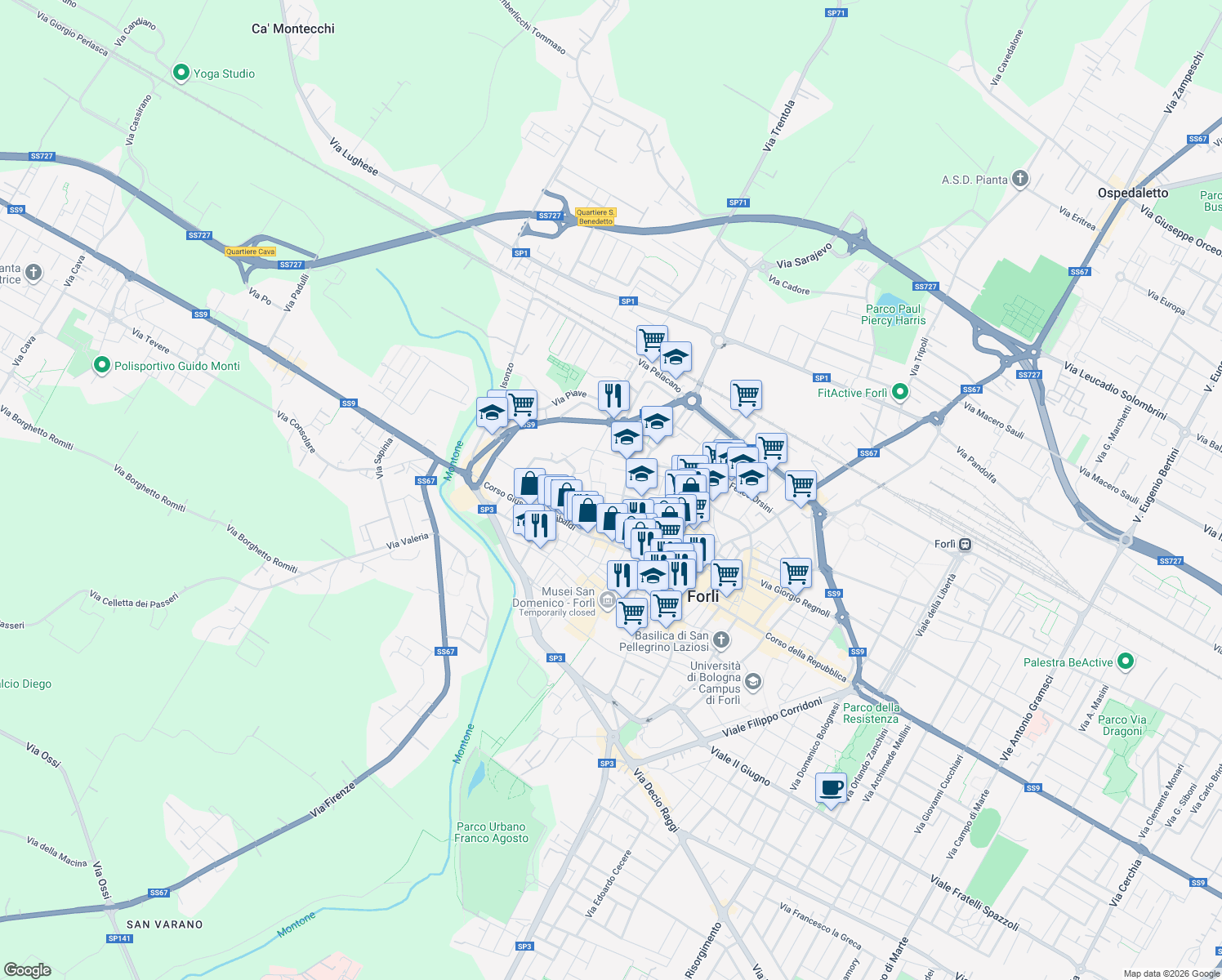 map of restaurants, bars, coffee shops, grocery stores, and more near 12 Via Cesare Maioli in Forlì