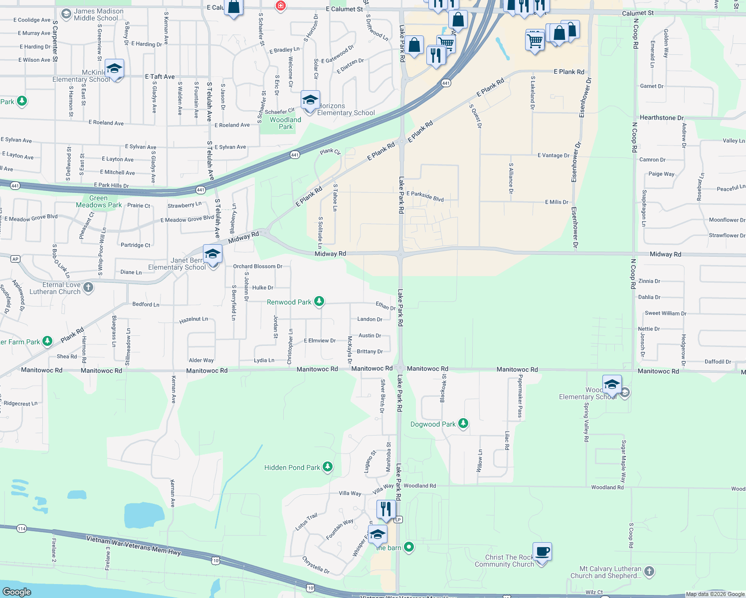 map of restaurants, bars, coffee shops, grocery stores, and more near W6548 Ethan Dr in Appleton