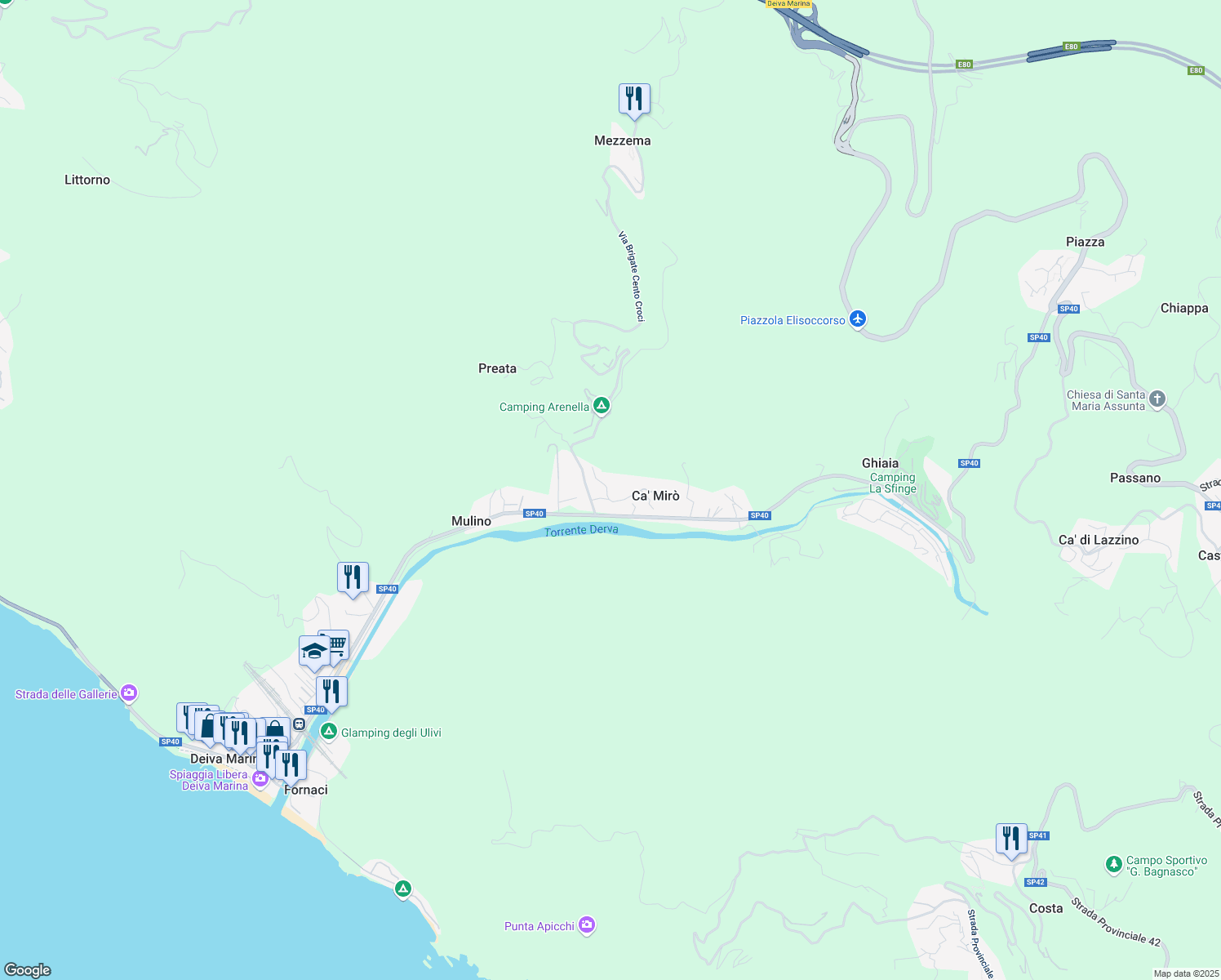 map of restaurants, bars, coffee shops, grocery stores, and more near 13 Via Battaglione I. Zinara in Ca' Mirò
