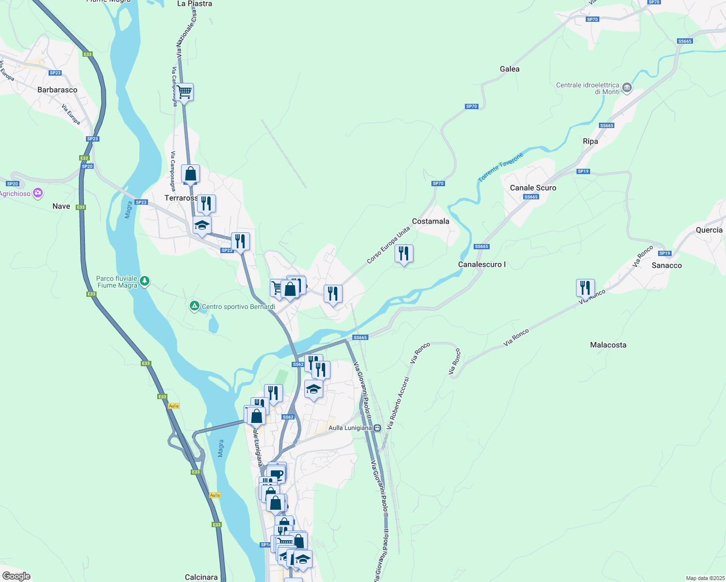 map of restaurants, bars, coffee shops, grocery stores, and more near 27 Via Costamala in Masero