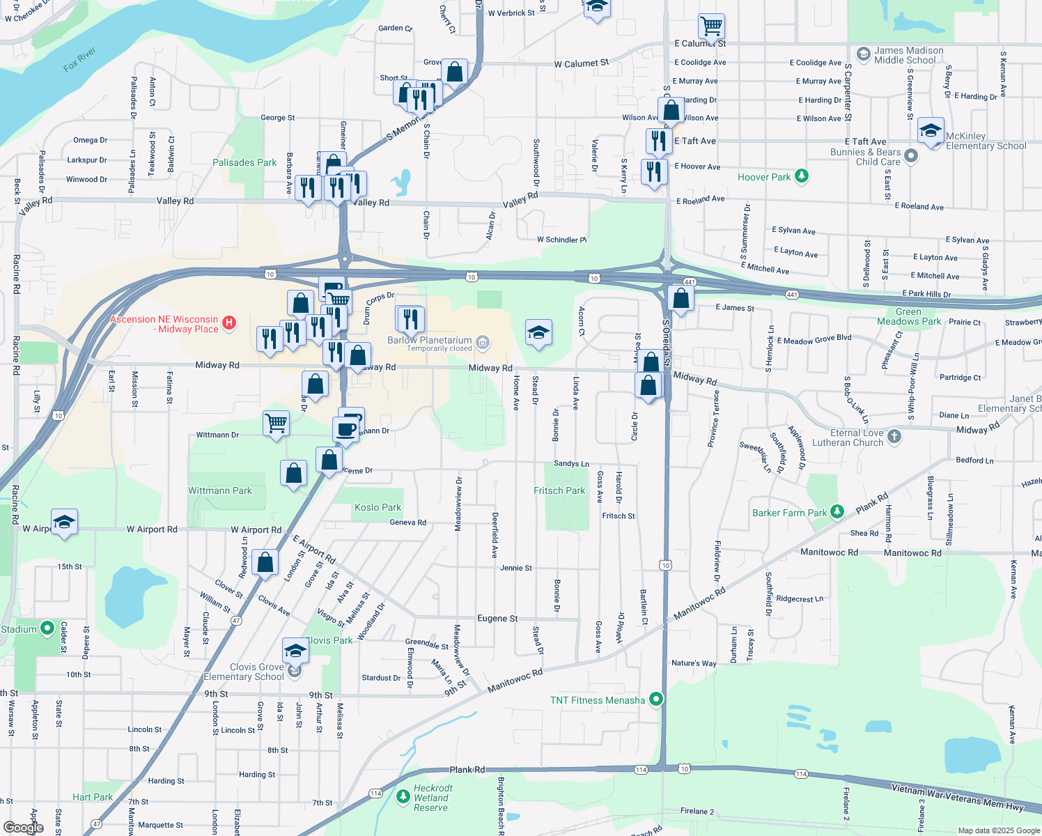 map of restaurants, bars, coffee shops, grocery stores, and more near 1413 Home Avenue in Menasha