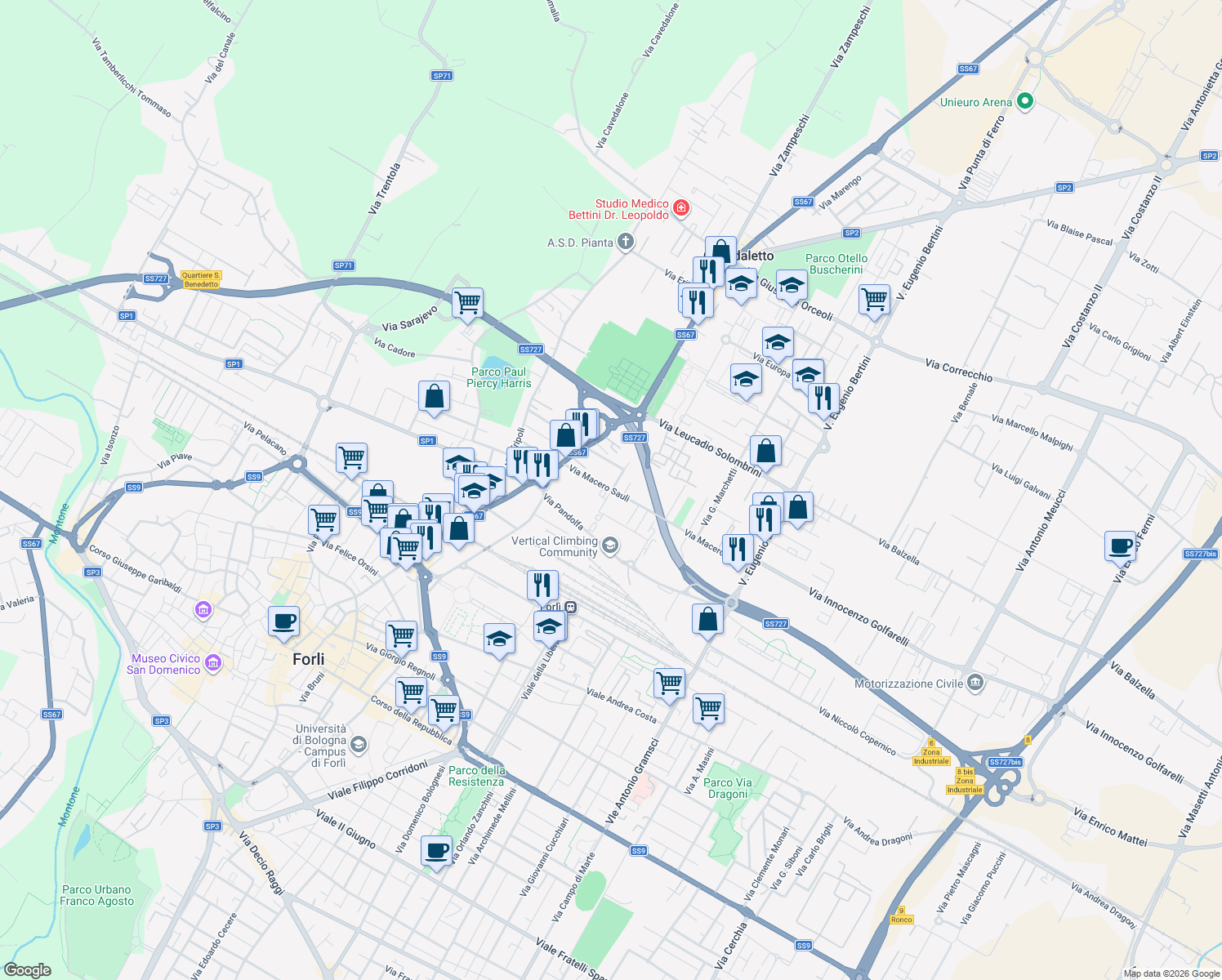 map of restaurants, bars, coffee shops, grocery stores, and more near 11 Via Giuseppe Rambelli in Forlì