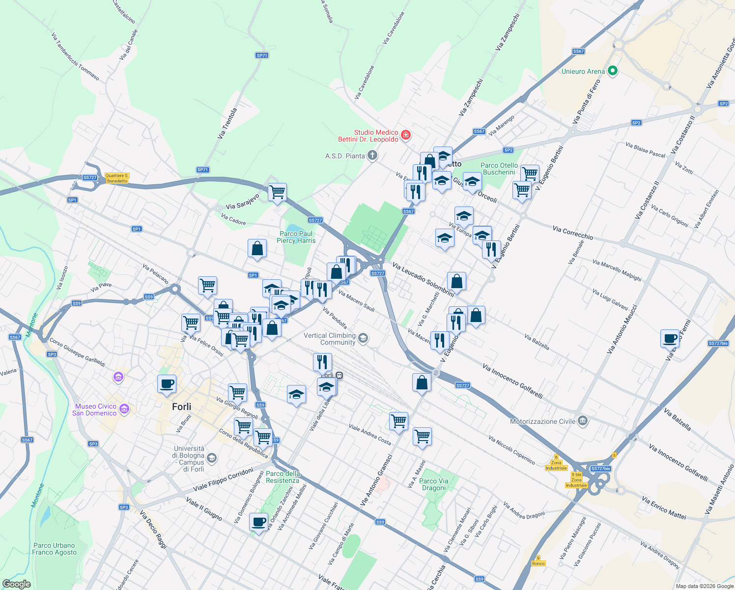 map of restaurants, bars, coffee shops, grocery stores, and more near 11 Via Giuseppe Rambelli in Forlì