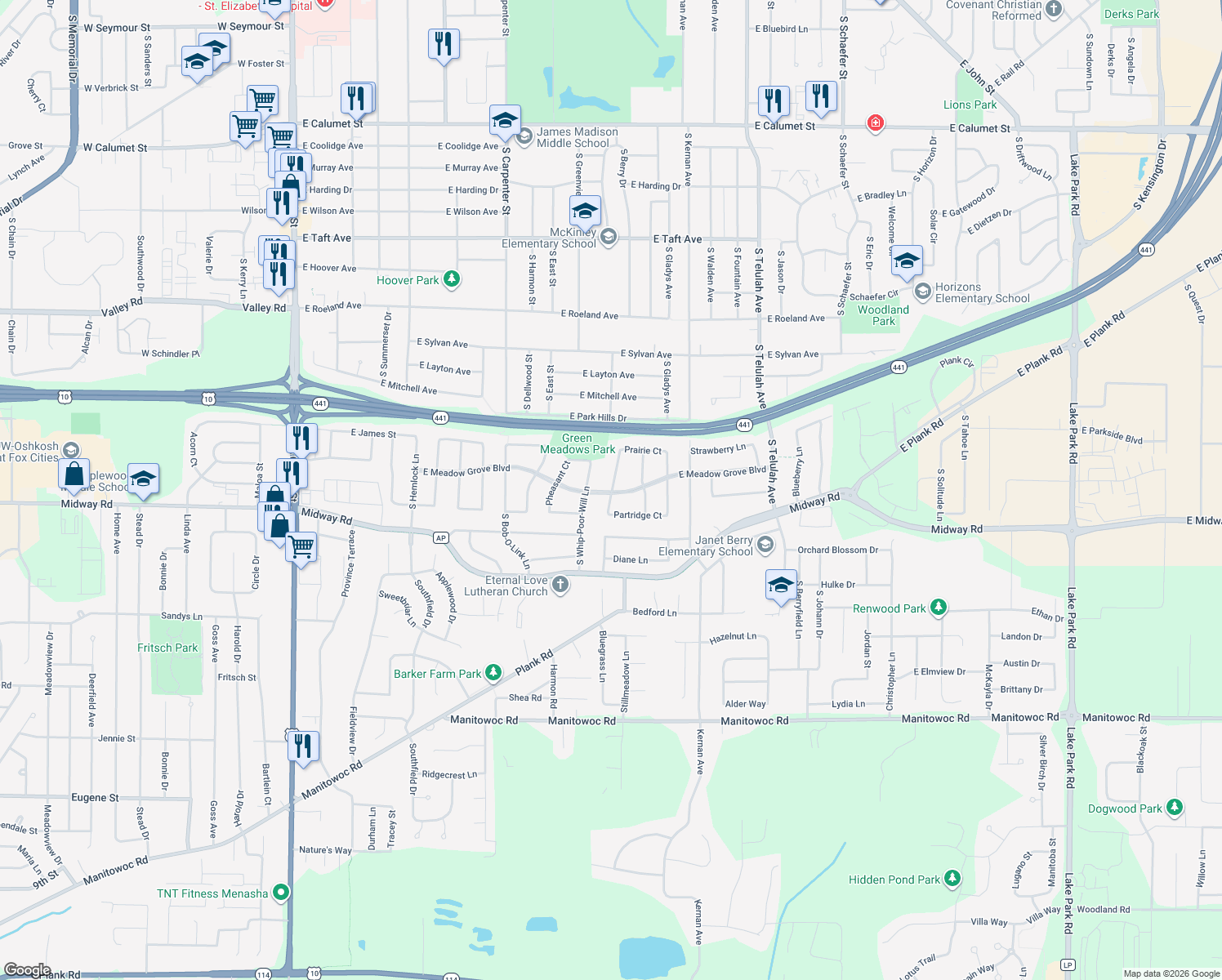 map of restaurants, bars, coffee shops, grocery stores, and more near 94 Prairie Court in Appleton