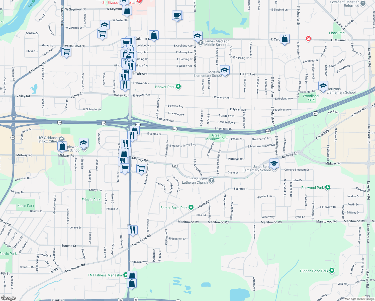 map of restaurants, bars, coffee shops, grocery stores, and more near 3316 South Scarlet Oak Lane in Appleton