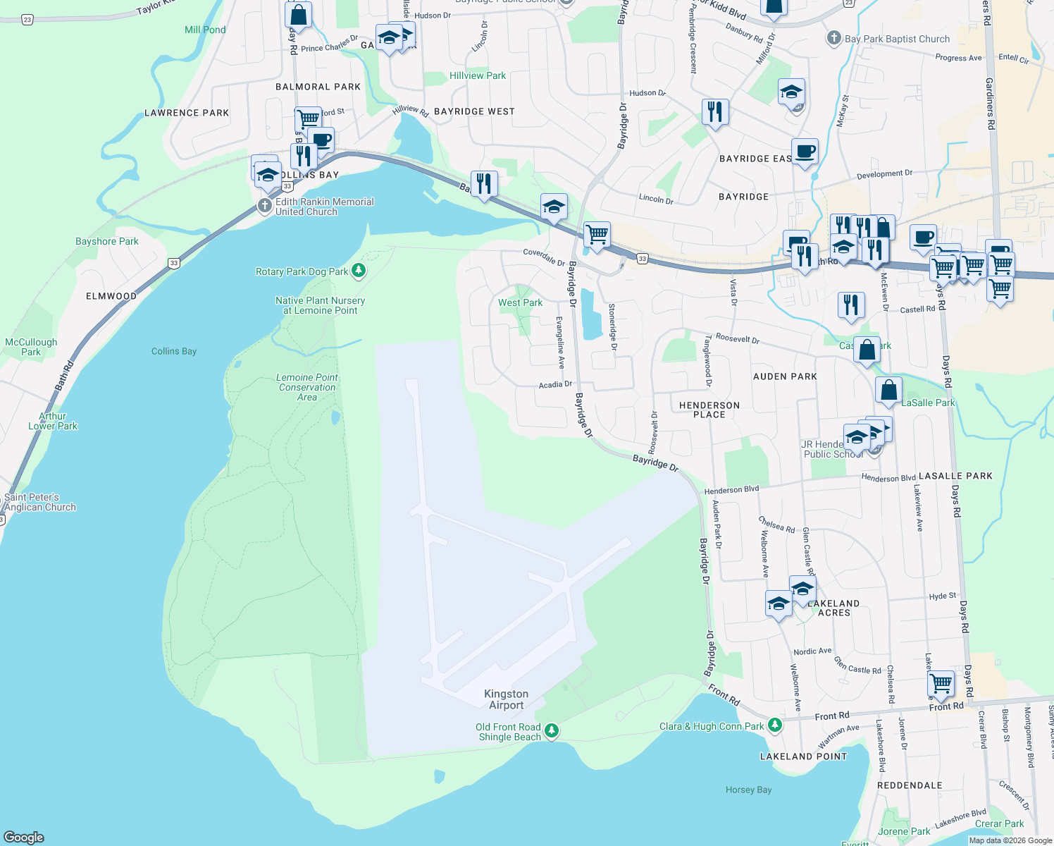 map of restaurants, bars, coffee shops, grocery stores, and more near 611 Barnsley Crescent in Kingston