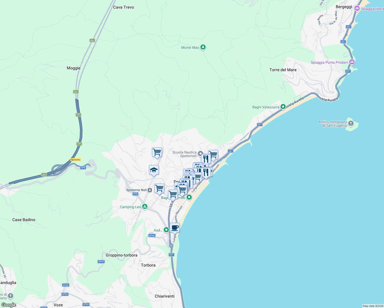 map of restaurants, bars, coffee shops, grocery stores, and more near 61 Via Laiolo in Spotorno