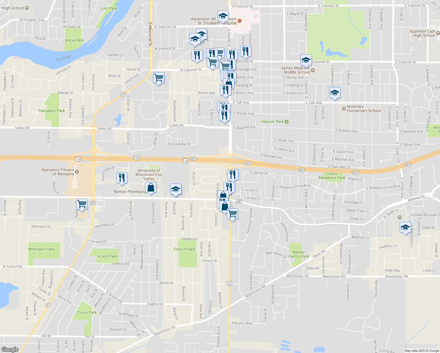 map of restaurants, bars, coffee shops, grocery stores, and more near 1609 Maloa Street in Menasha