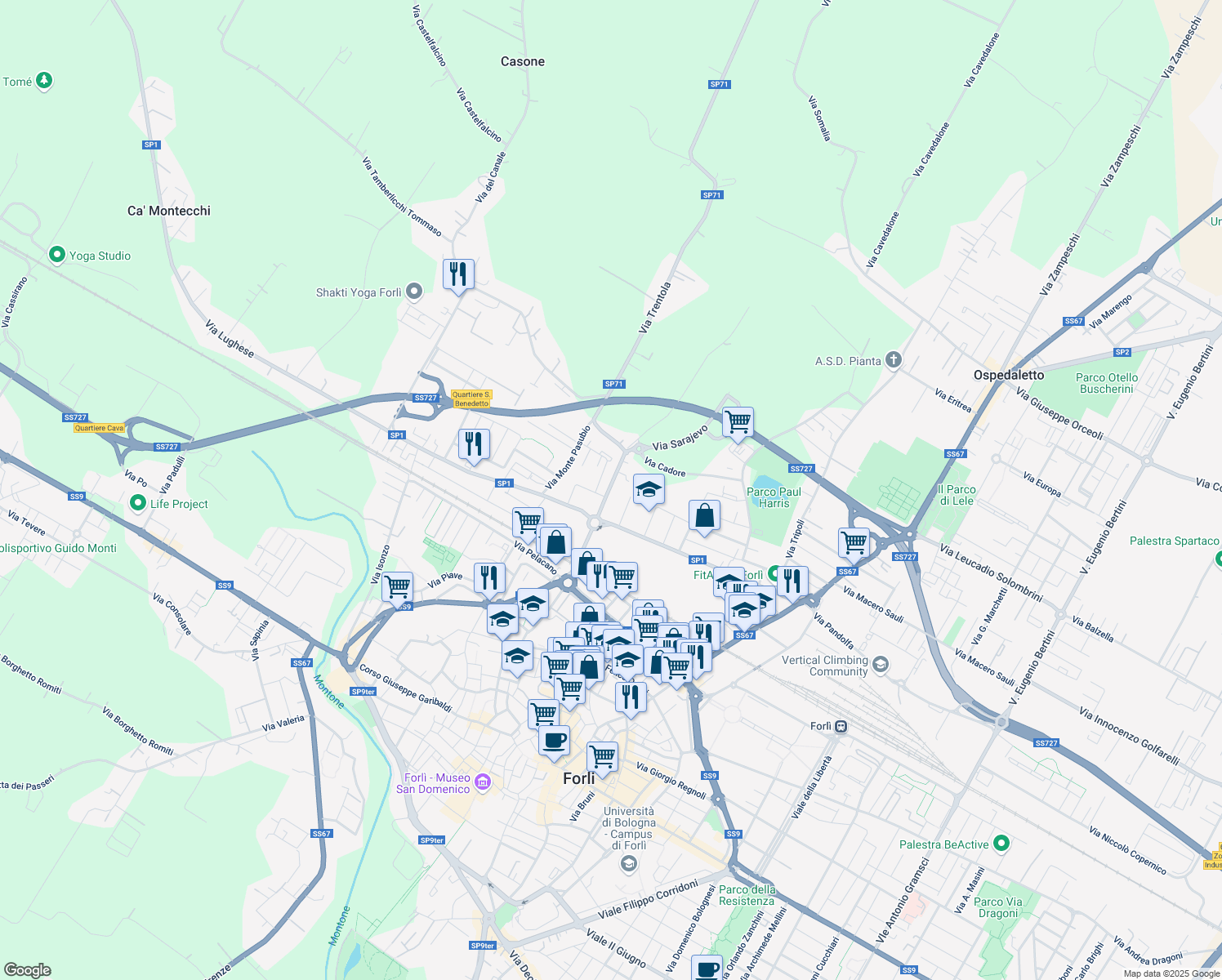 map of restaurants, bars, coffee shops, grocery stores, and more near 34 Via Monte San Michele in Forlì