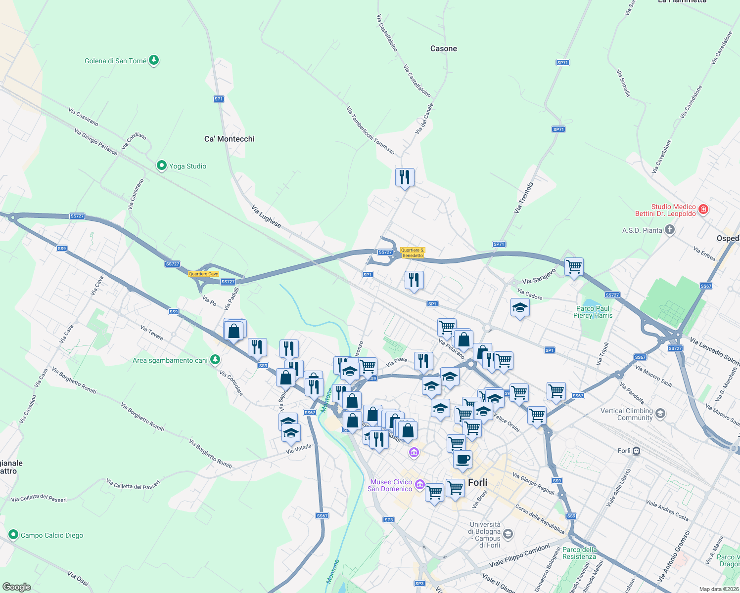 map of restaurants, bars, coffee shops, grocery stores, and more near 3 Via Monte Vodice in Forlì