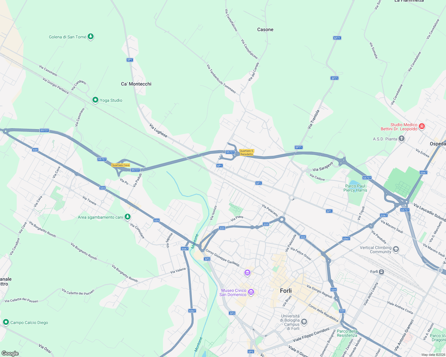 map of restaurants, bars, coffee shops, grocery stores, and more near 3/a Via Monte Vodice in Forlì
