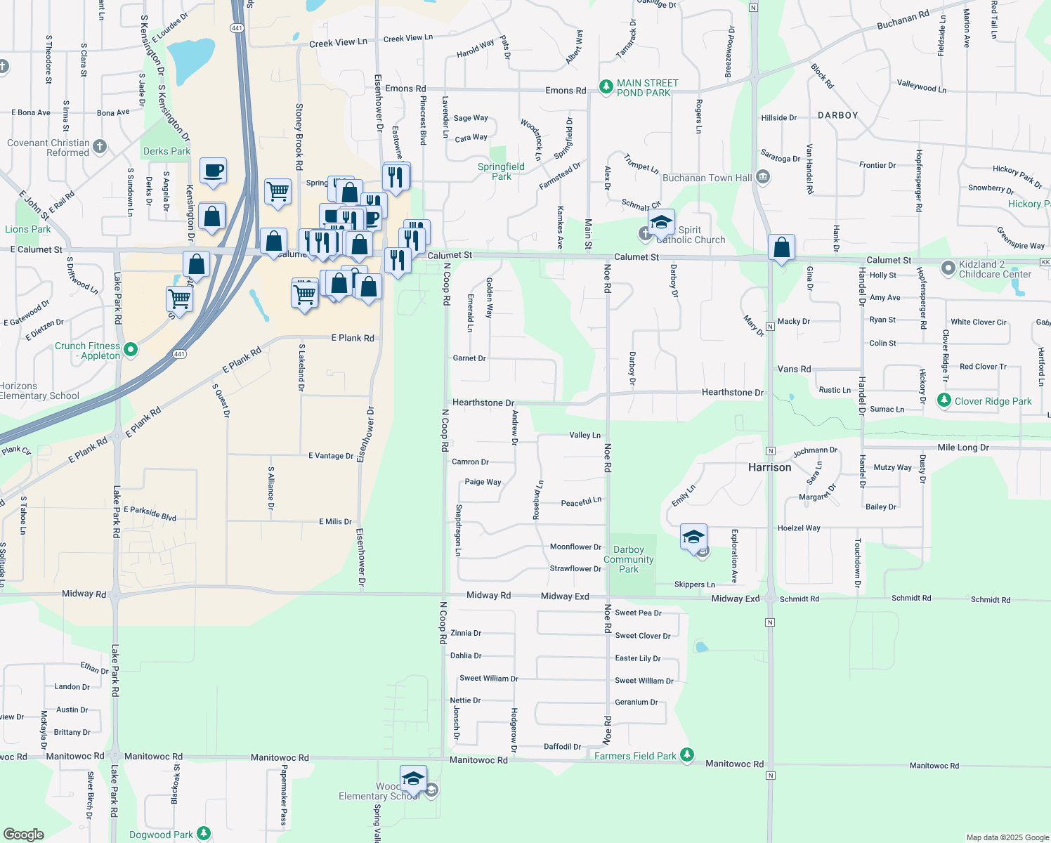 map of restaurants, bars, coffee shops, grocery stores, and more near N9520 Andrew Dr in Appleton