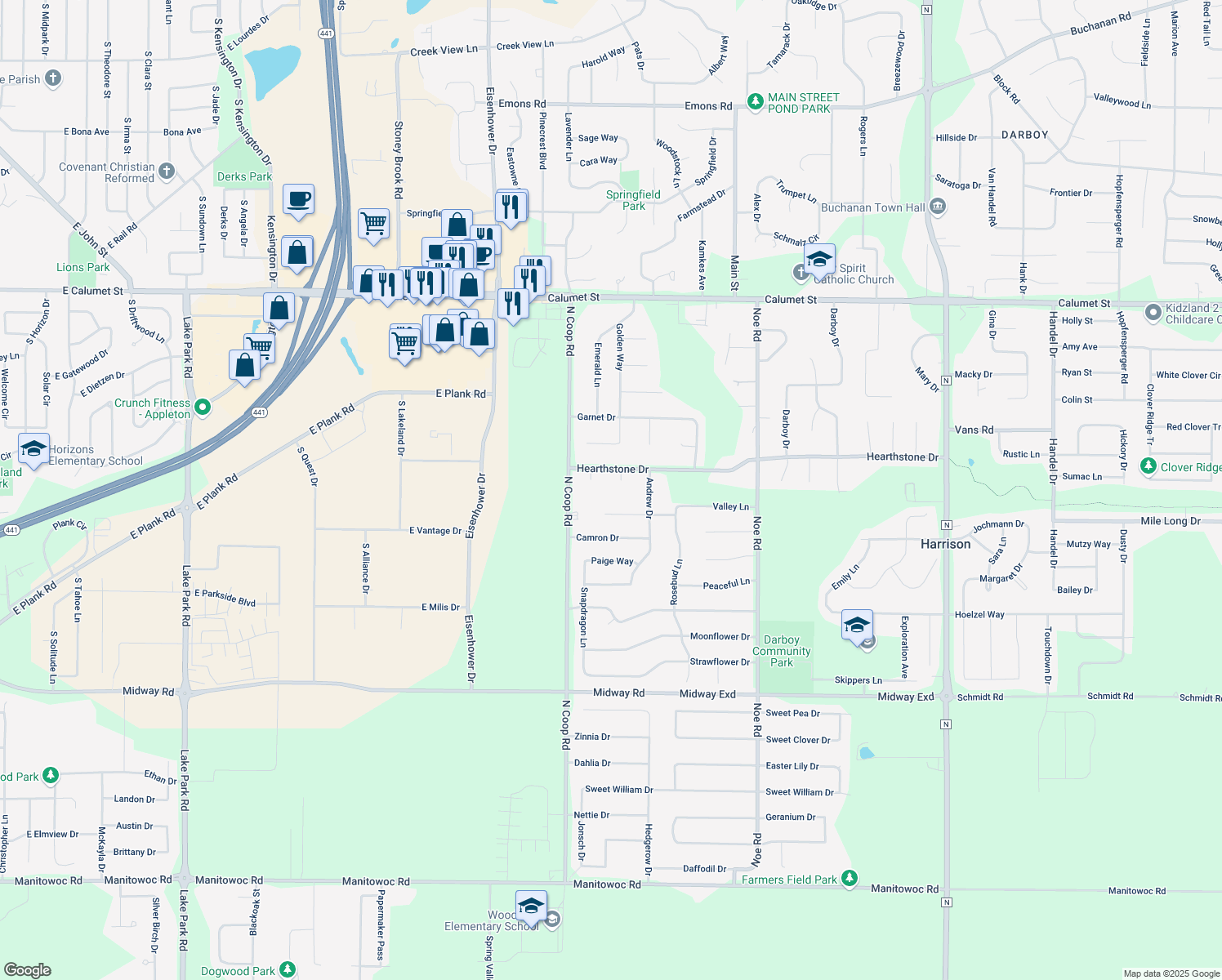 map of restaurants, bars, coffee shops, grocery stores, and more near N9513 Cathy Court in Appleton