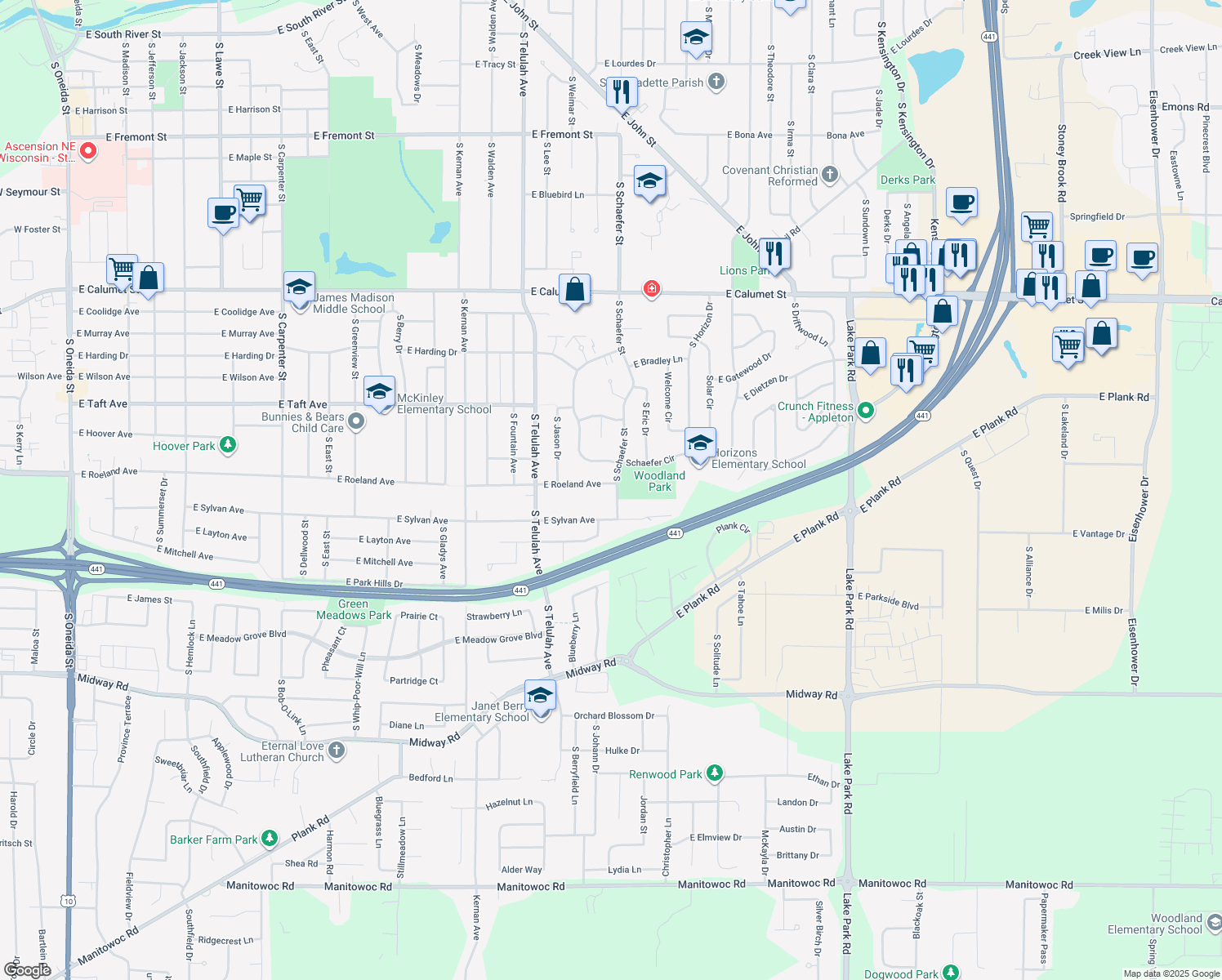 map of restaurants, bars, coffee shops, grocery stores, and more near 2701 South Schaefer Street in Appleton