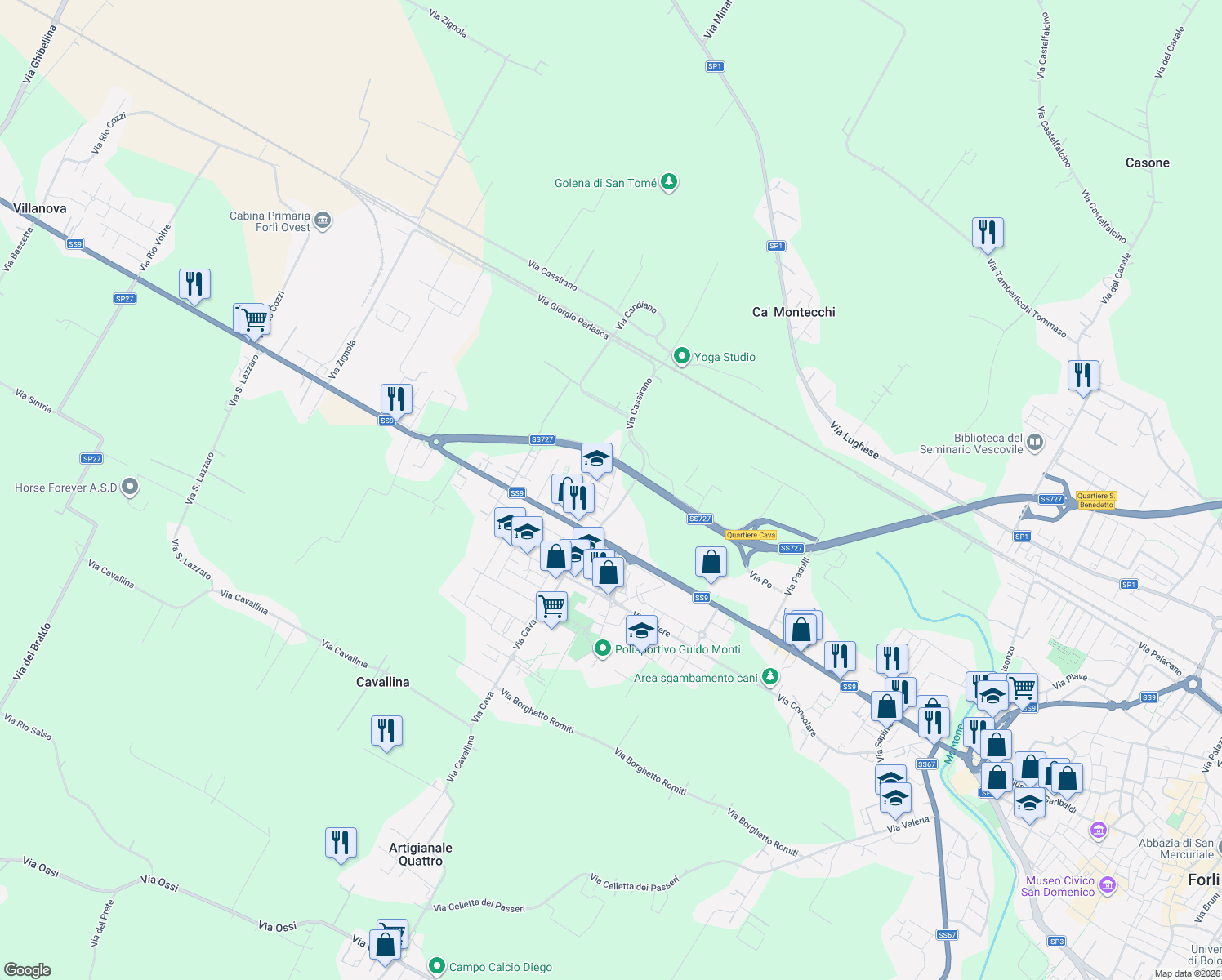 map of restaurants, bars, coffee shops, grocery stores, and more near 1 Via Ventena in Forli