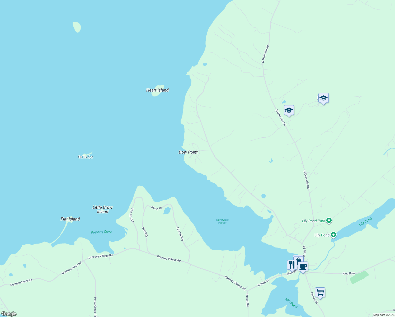 map of restaurants, bars, coffee shops, grocery stores, and more near Northwest Harbor Lane in Deer Isle