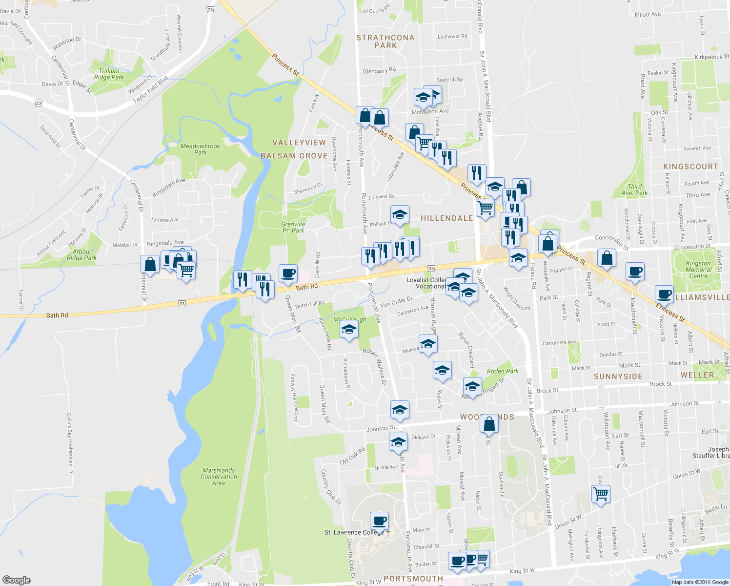 map of restaurants, bars, coffee shops, grocery stores, and more near 508 Portsmouth Avenue in Kingston