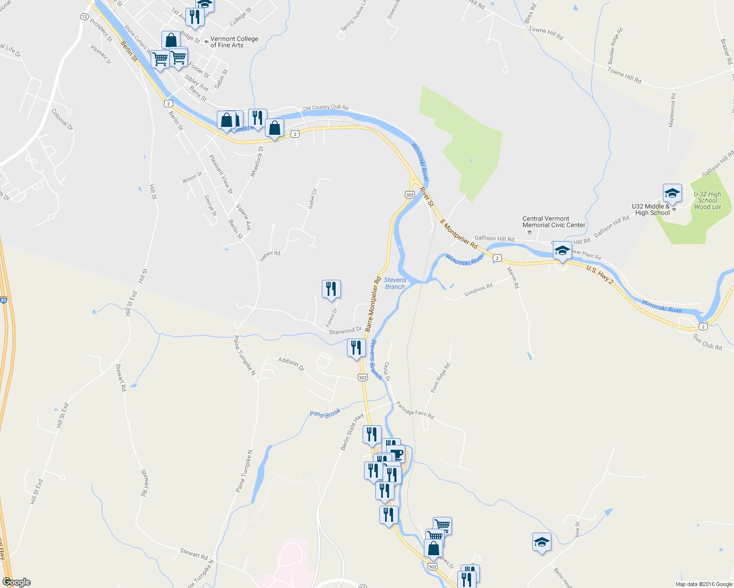 map of restaurants, bars, coffee shops, grocery stores, and more near 367 River St in Montpelier