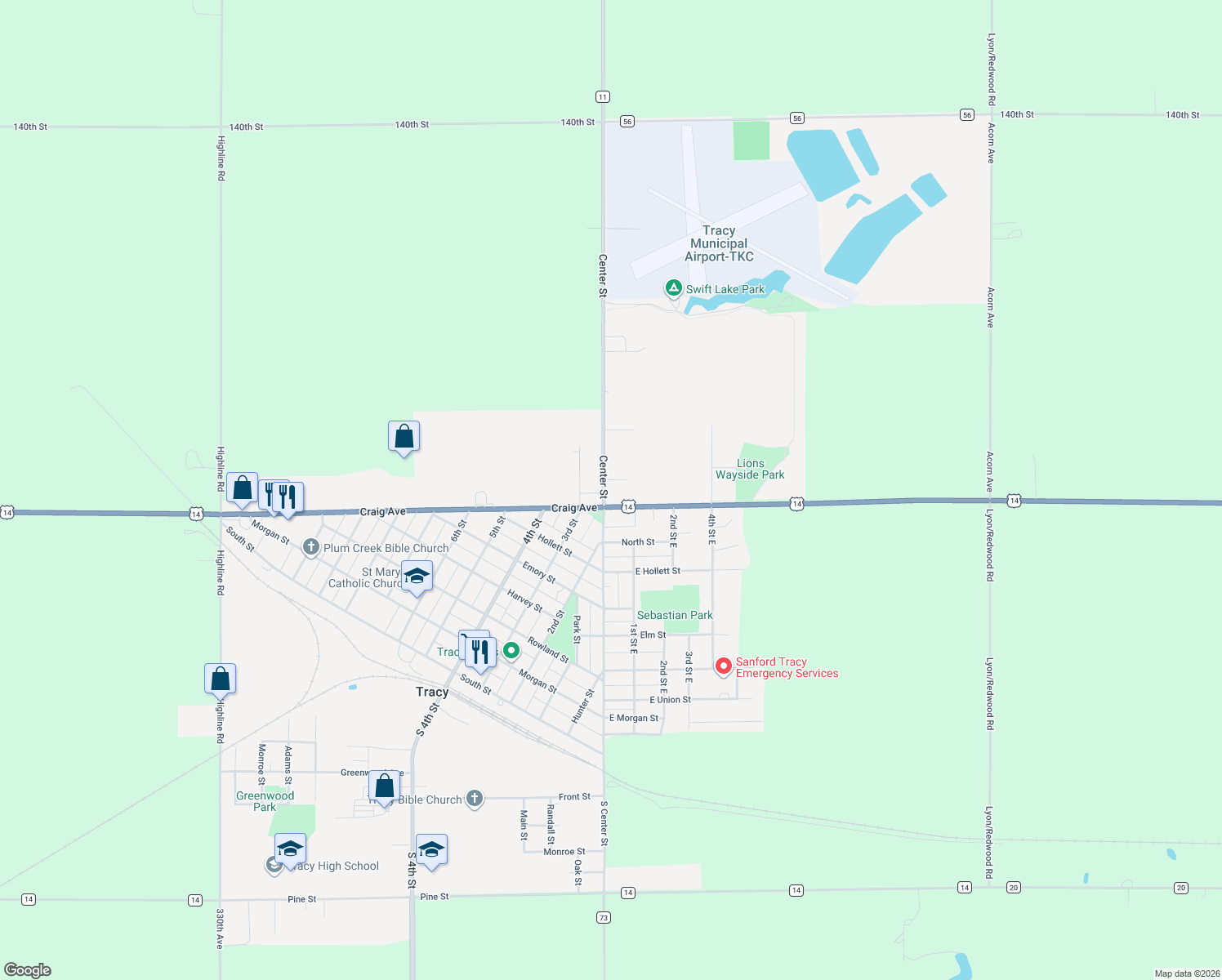 map of restaurants, bars, coffee shops, grocery stores, and more near 840 Center St in Tracy