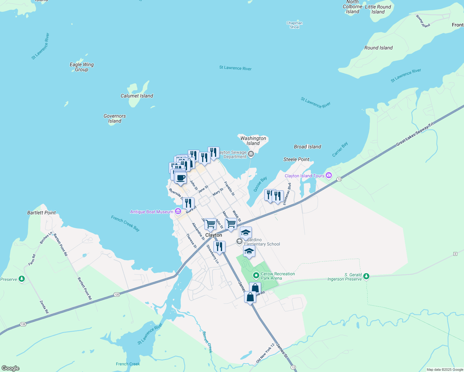 map of restaurants, bars, coffee shops, grocery stores, and more near 141 Mary St in Clayton