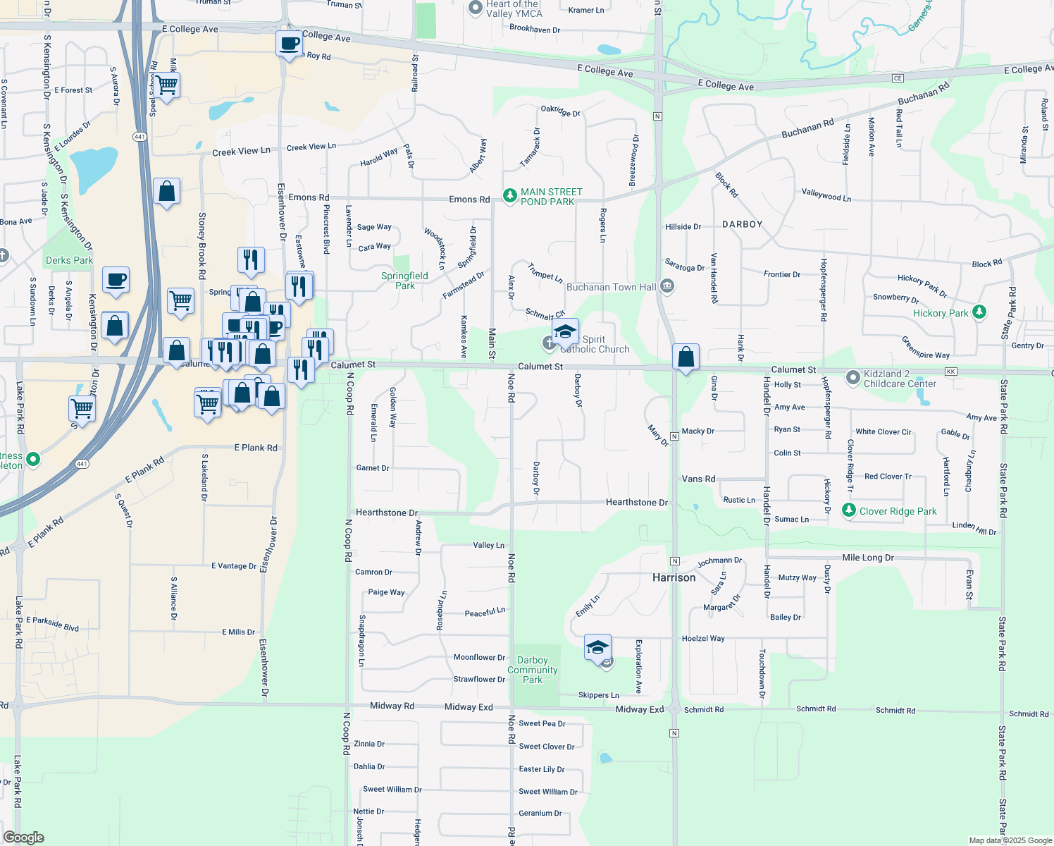 map of restaurants, bars, coffee shops, grocery stores, and more near N9634 Shepherd Lane in Appleton